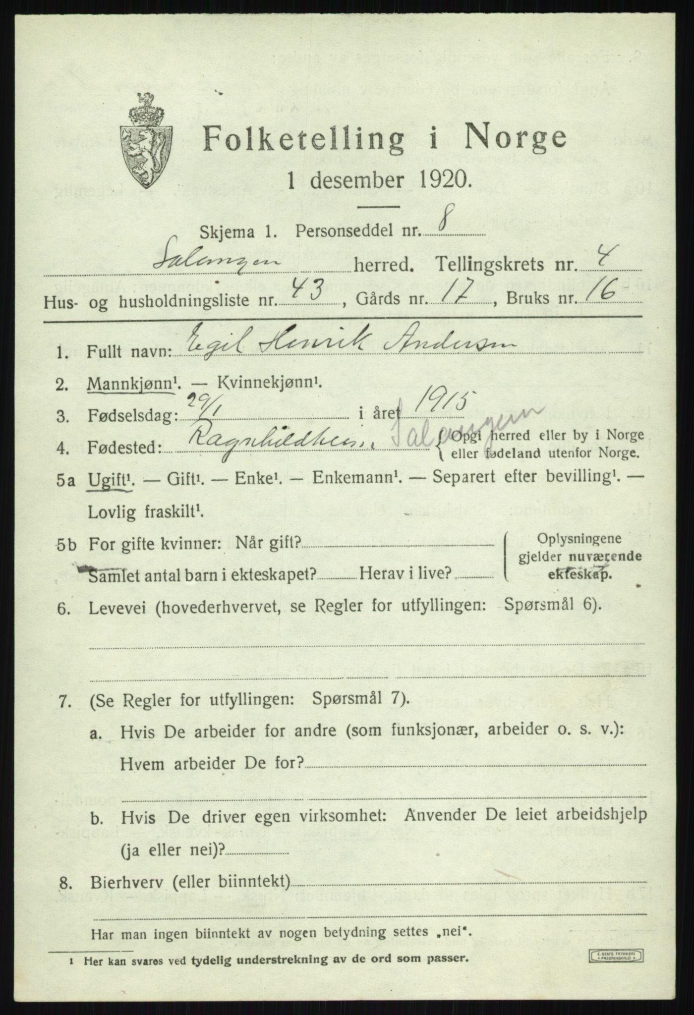 SATØ, 1920 census for Salangen, 1920, p. 2788