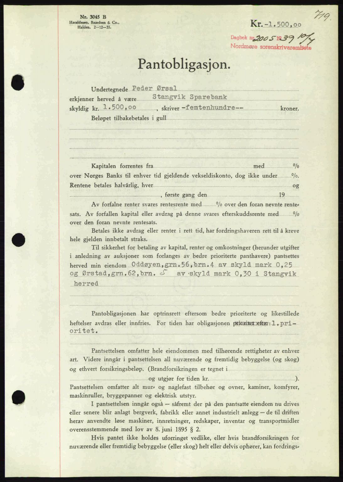 Nordmøre sorenskriveri, AV/SAT-A-4132/1/2/2Ca: Mortgage book no. B85, 1939-1939, Diary no: : 2005/1939