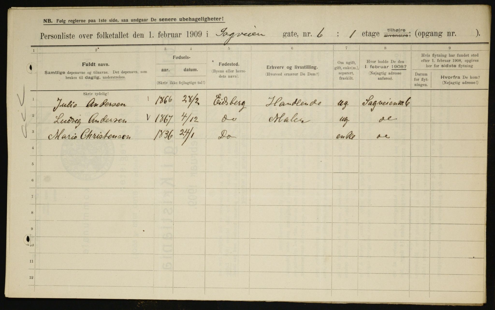 OBA, Municipal Census 1909 for Kristiania, 1909, p. 78609