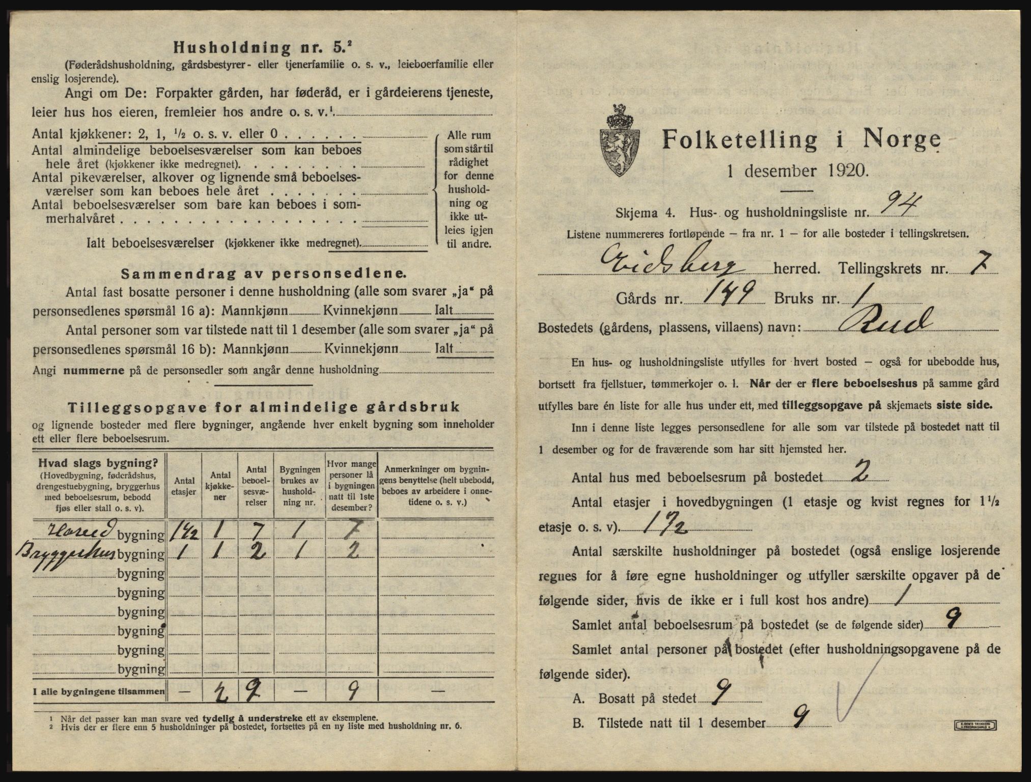 SAO, 1920 census for Eidsberg, 1920, p. 1369