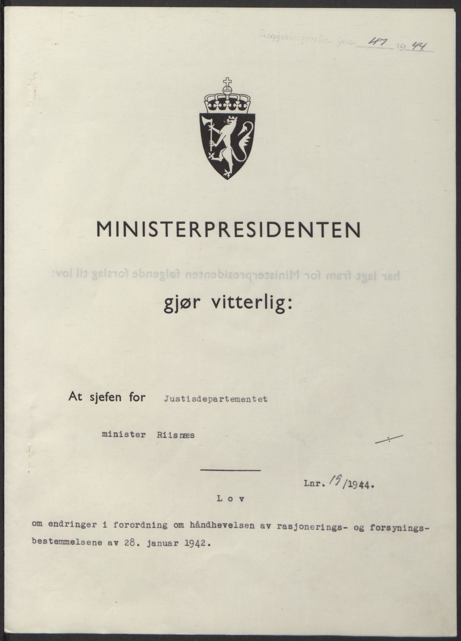NS-administrasjonen 1940-1945 (Statsrådsekretariatet, de kommisariske statsråder mm), RA/S-4279/D/Db/L0100: Lover, 1944, p. 85