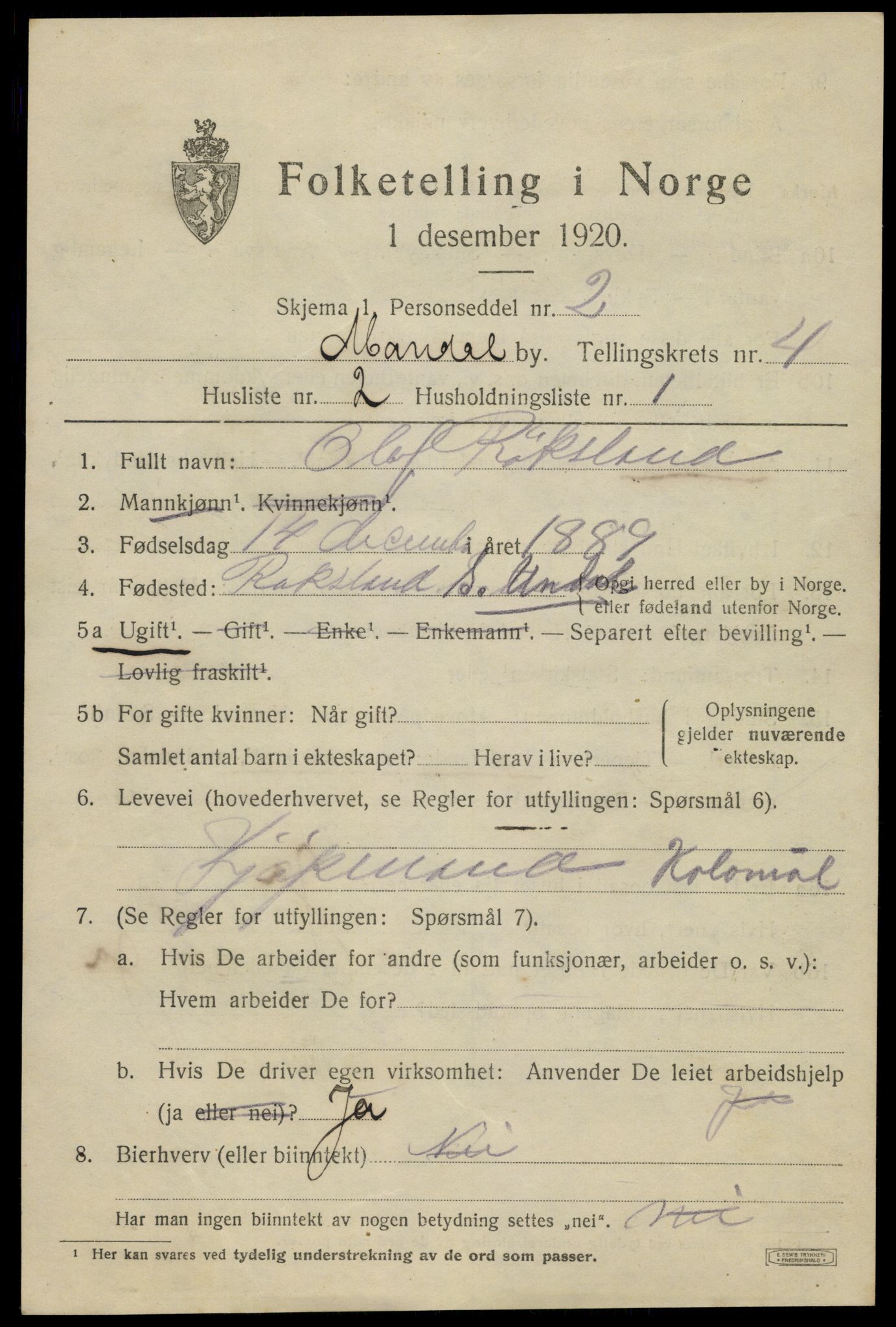 SAK, 1920 census for Mandal, 1920, p. 7027