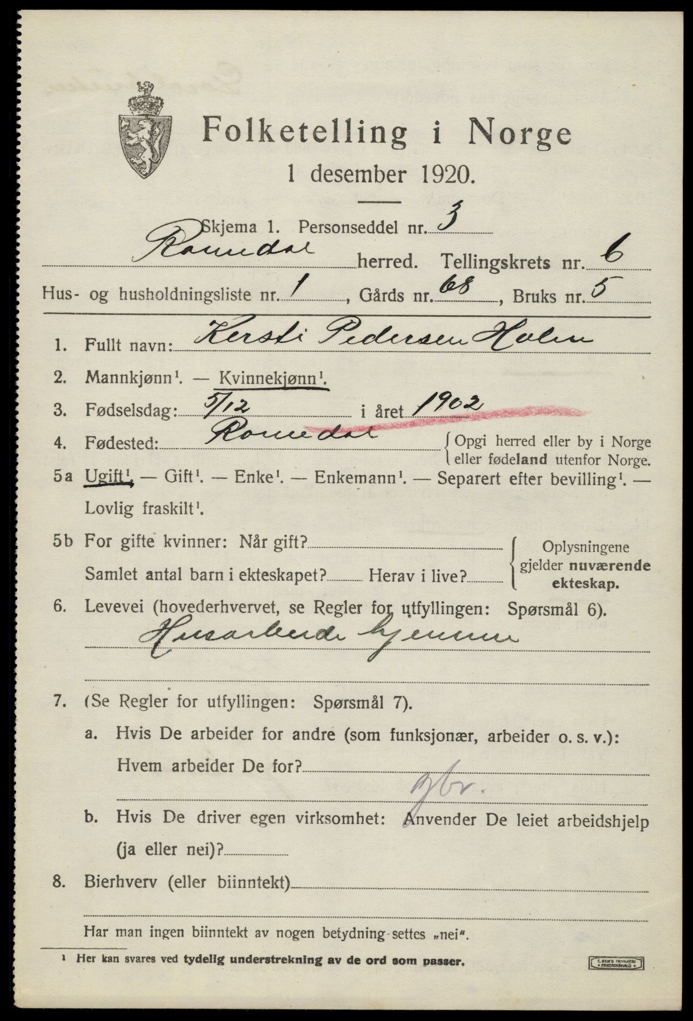 SAH, 1920 census for Romedal, 1920, p. 7777