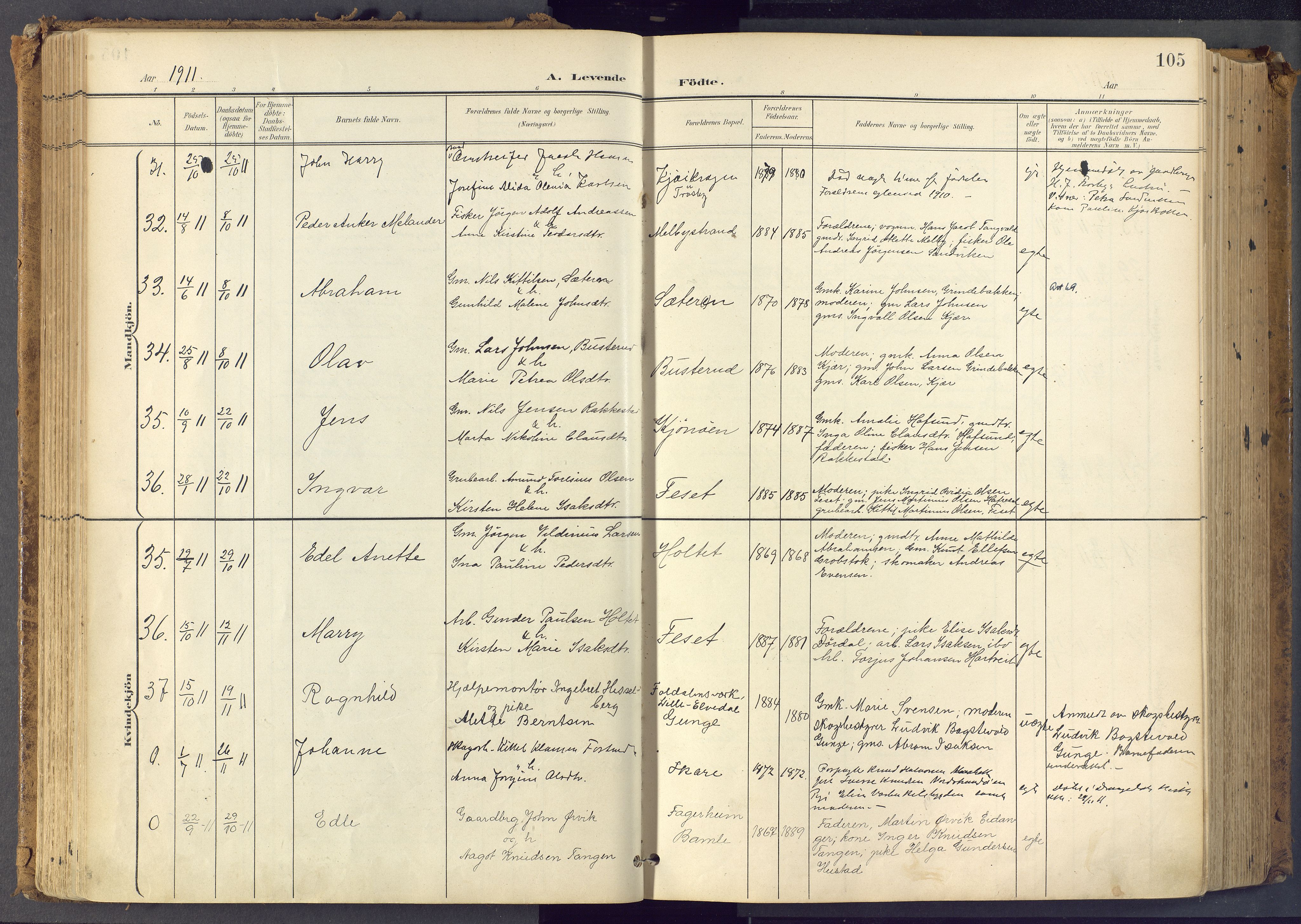 Bamble kirkebøker, SAKO/A-253/F/Fa/L0009: Parish register (official) no. I 9, 1901-1917, p. 105