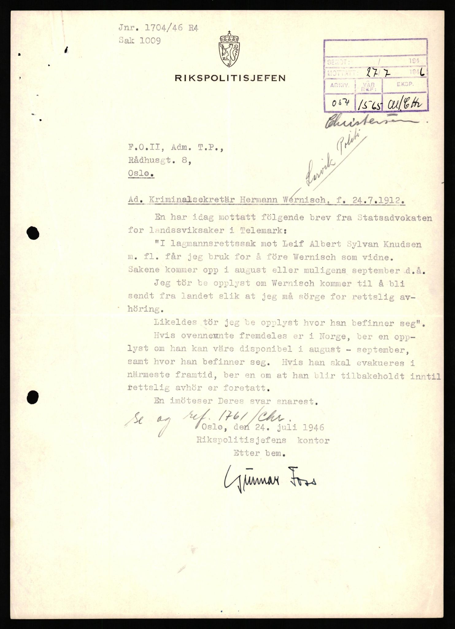 Forsvaret, Forsvarets overkommando II, AV/RA-RAFA-3915/D/Db/L0040: CI Questionaires. Tyske okkupasjonsstyrker i Norge. Østerrikere., 1945-1946, p. 411