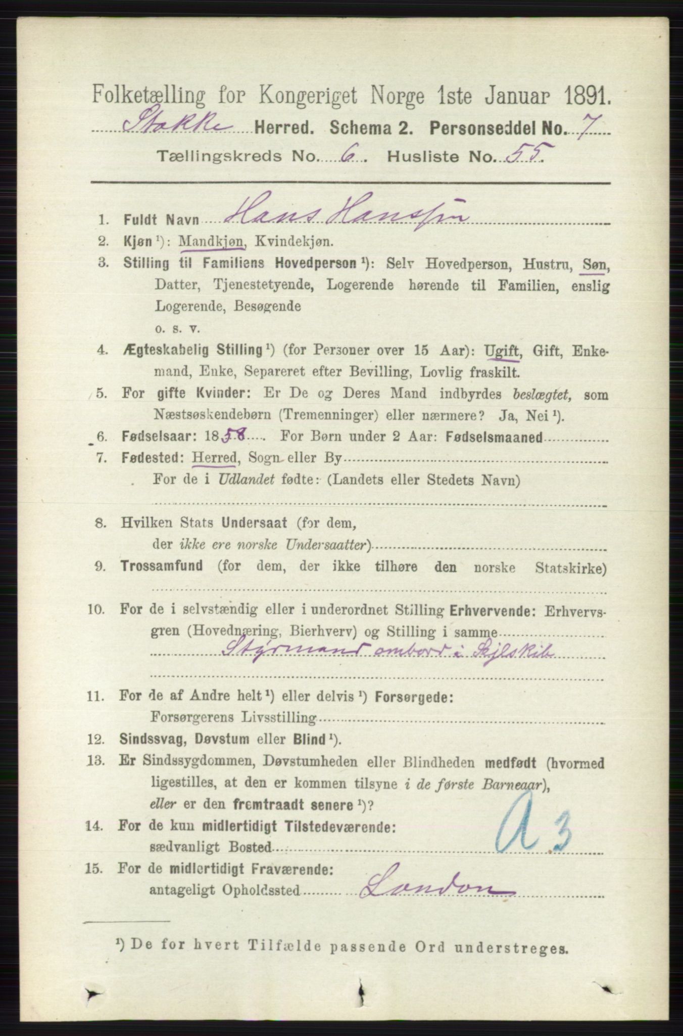 RA, 1891 census for 0720 Stokke, 1891, p. 4165