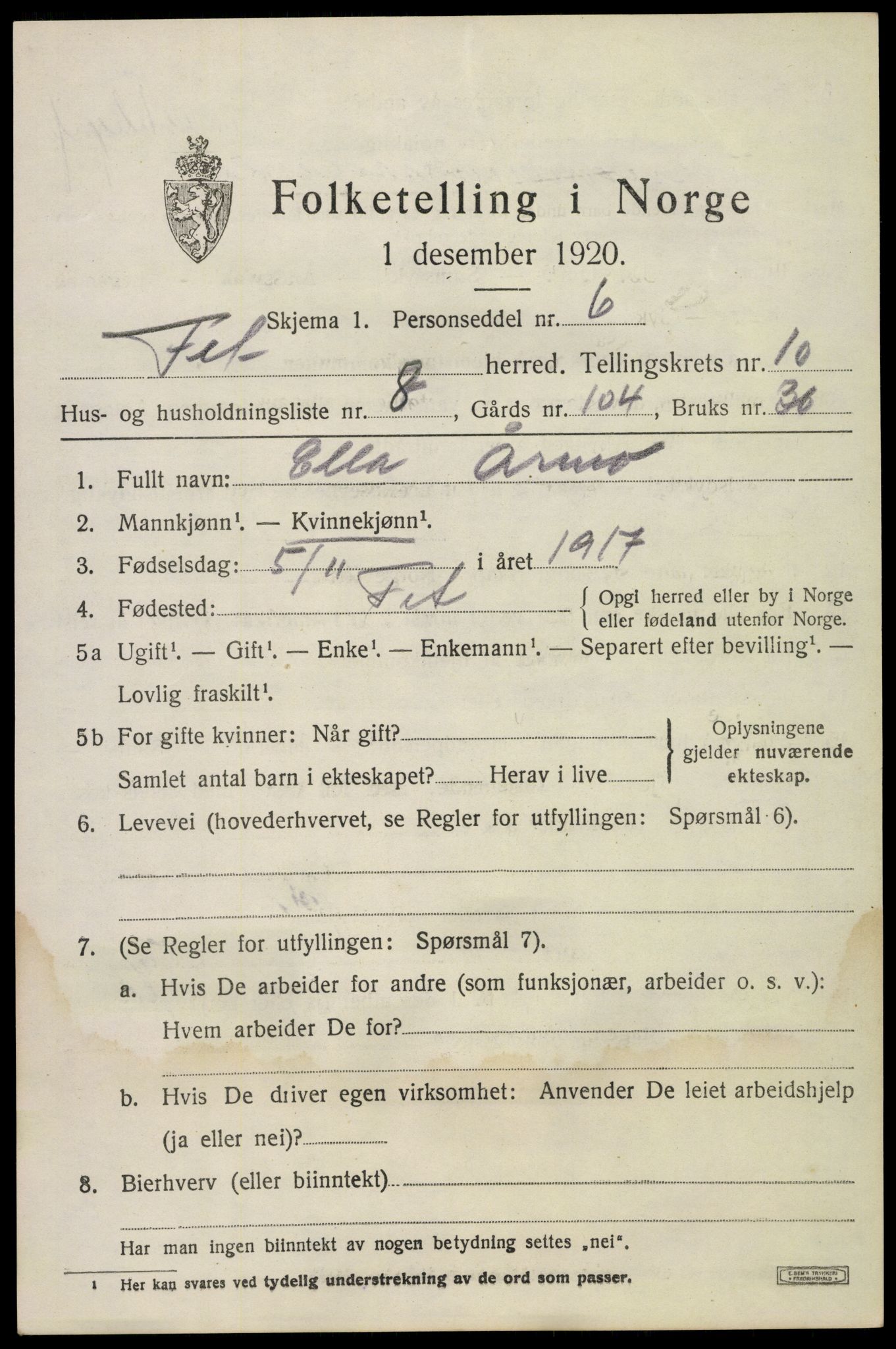 SAO, 1920 census for Fet, 1920, p. 10144