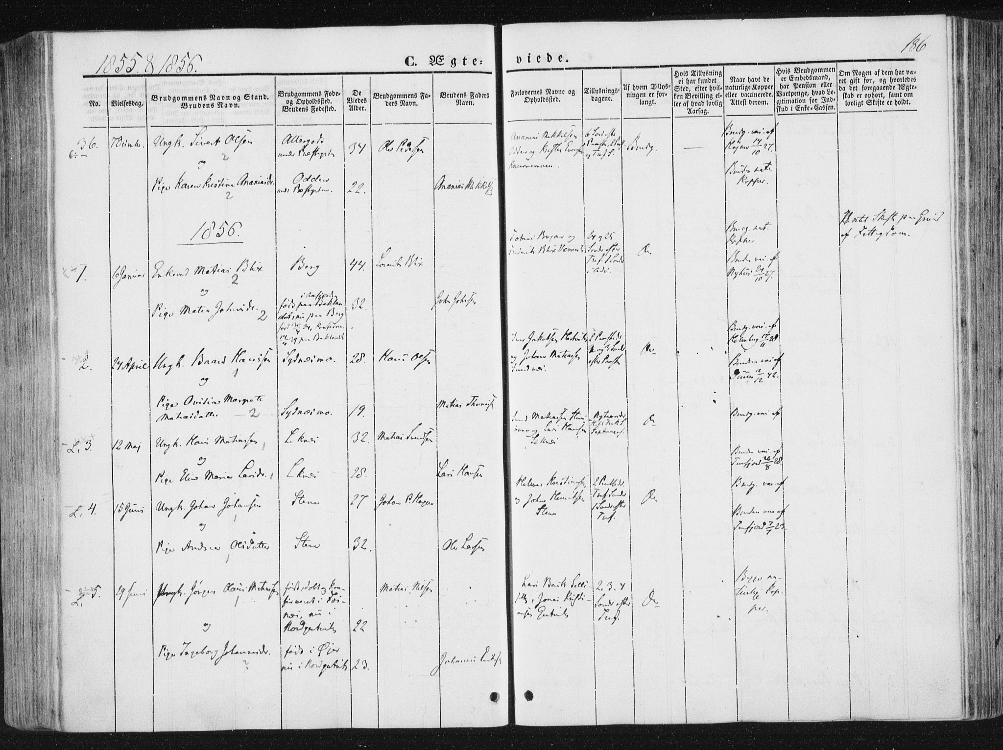 Ministerialprotokoller, klokkerbøker og fødselsregistre - Nord-Trøndelag, SAT/A-1458/780/L0640: Parish register (official) no. 780A05, 1845-1856, p. 186