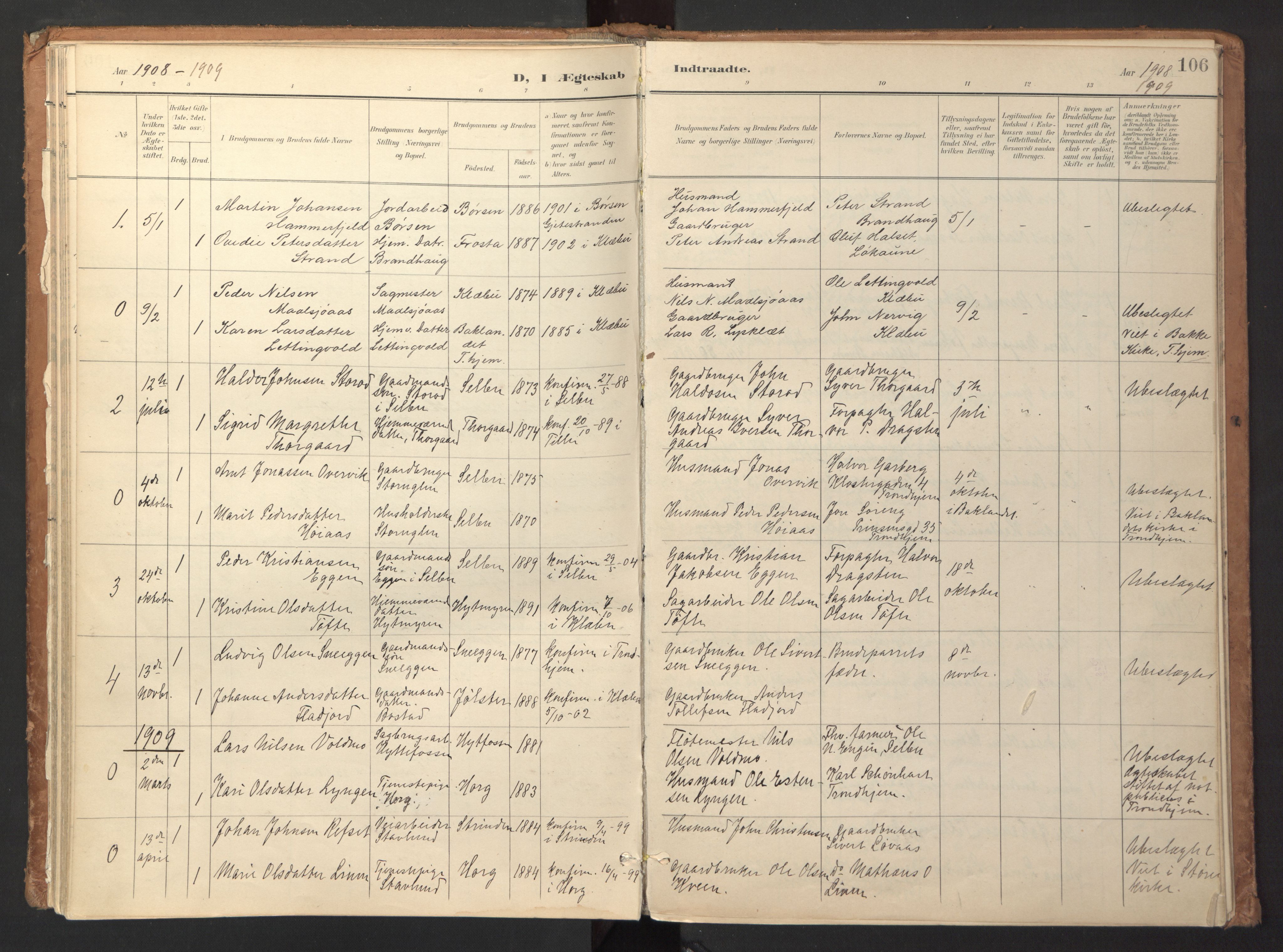 Ministerialprotokoller, klokkerbøker og fødselsregistre - Sør-Trøndelag, SAT/A-1456/618/L0448: Parish register (official) no. 618A11, 1898-1916, p. 106