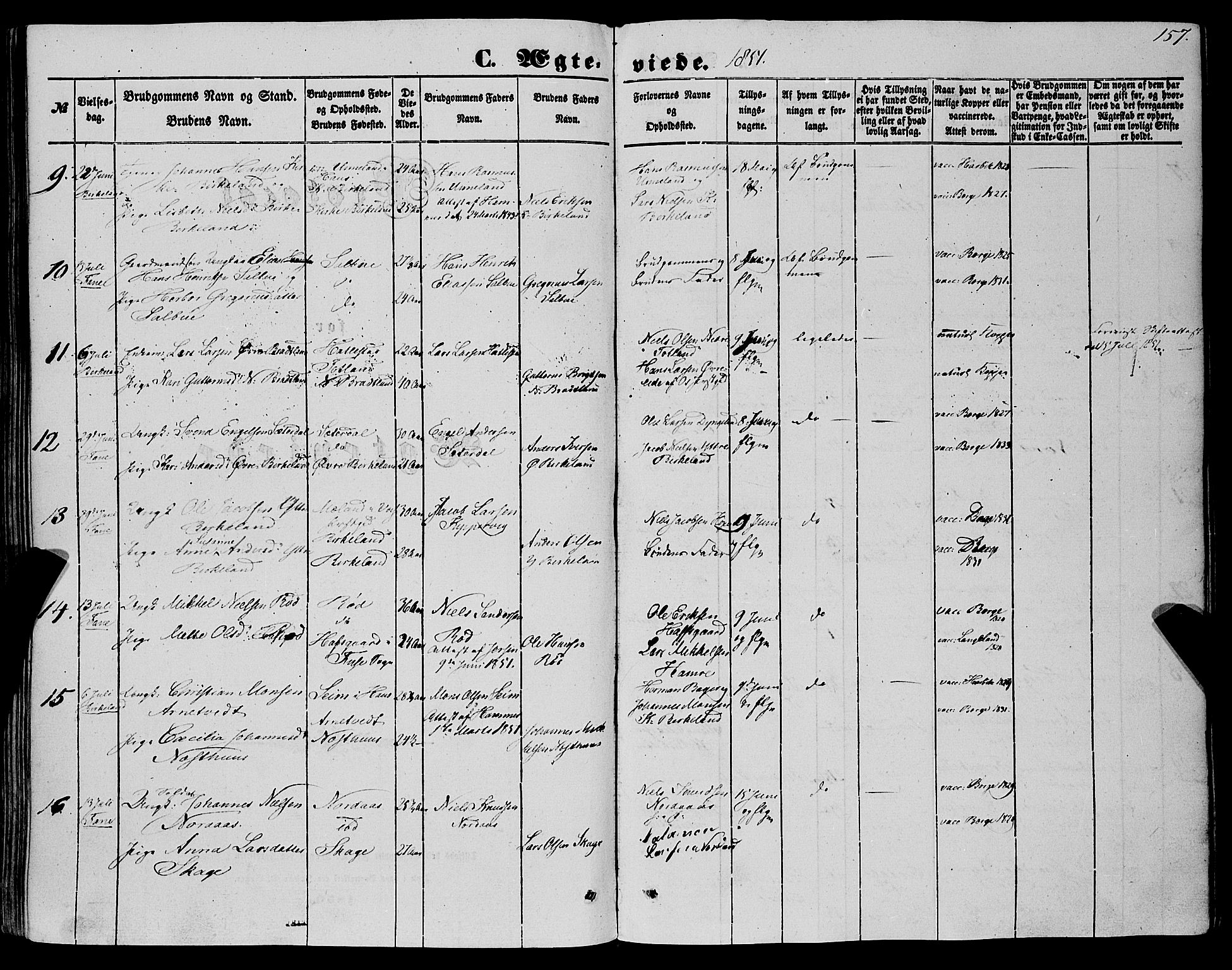 Fana Sokneprestembete, SAB/A-75101/H/Haa/Haaa/L0011: Parish register (official) no. A 11, 1851-1862, p. 157