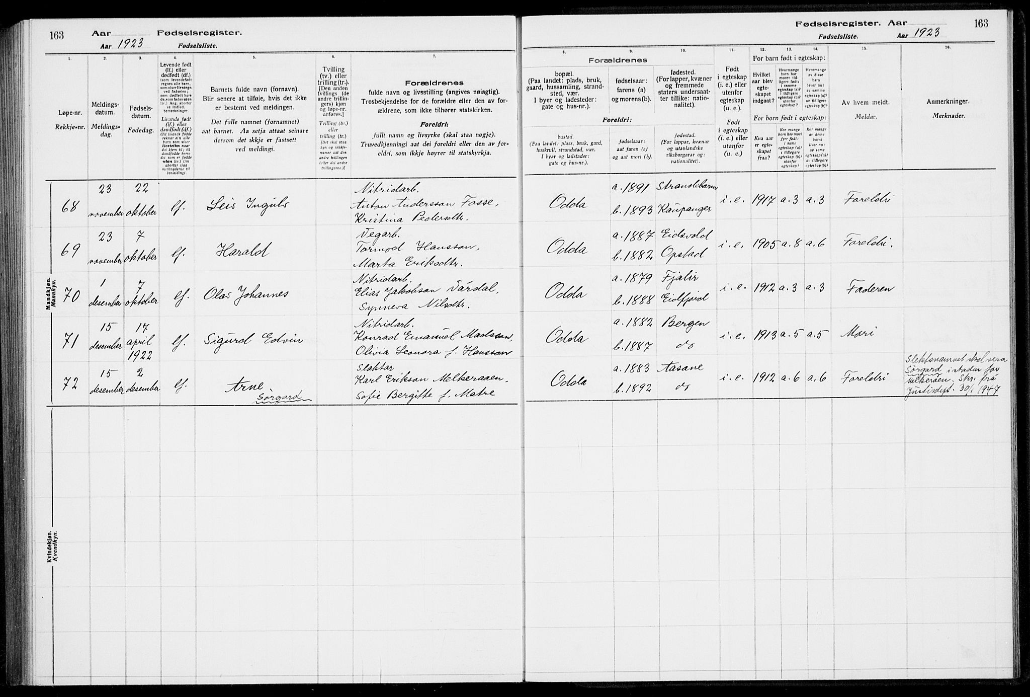 Odda Sokneprestembete, SAB/A-77201/I/Id/L00A1: Birth register no. A 1, 1916-1925, p. 163