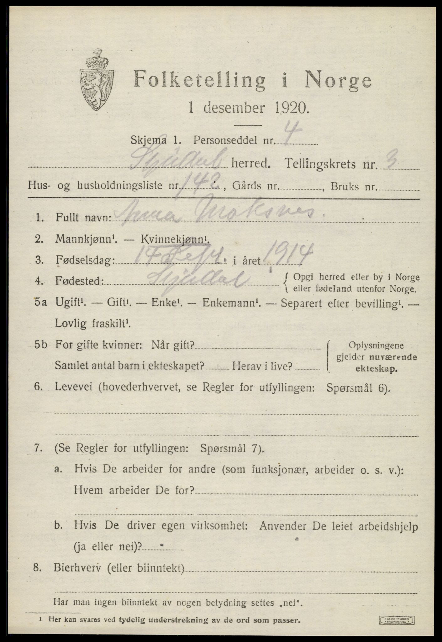 SAT, 1920 census for Stjørdal, 1920, p. 4168