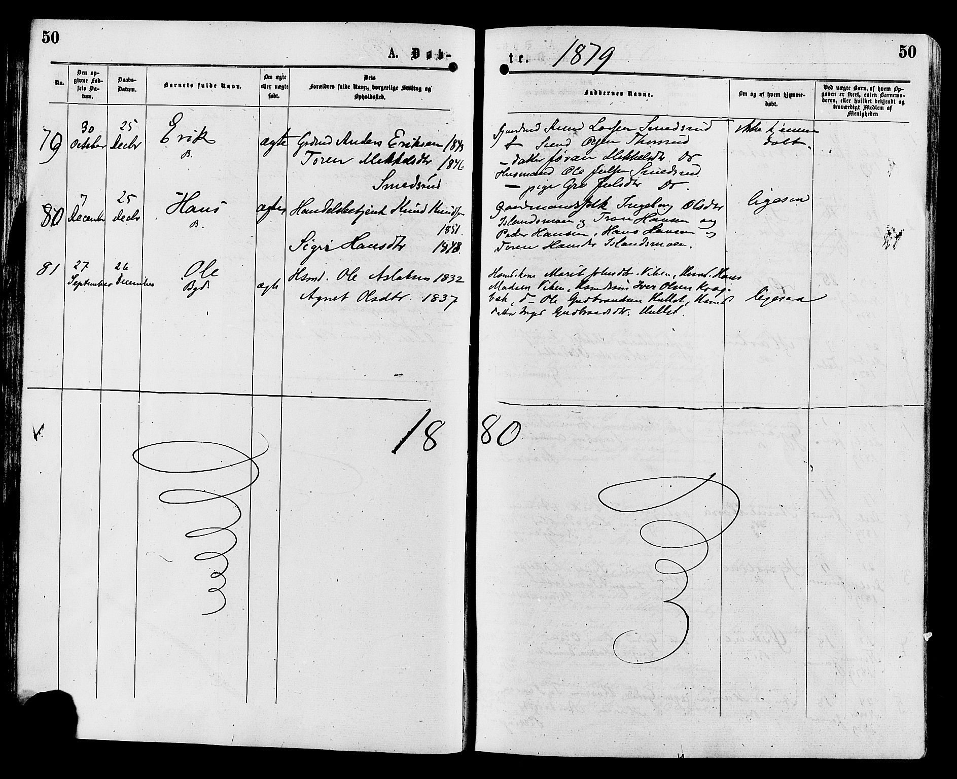 Sør-Aurdal prestekontor, SAH/PREST-128/H/Ha/Haa/L0008: Parish register (official) no. 8, 1877-1885, p. 50