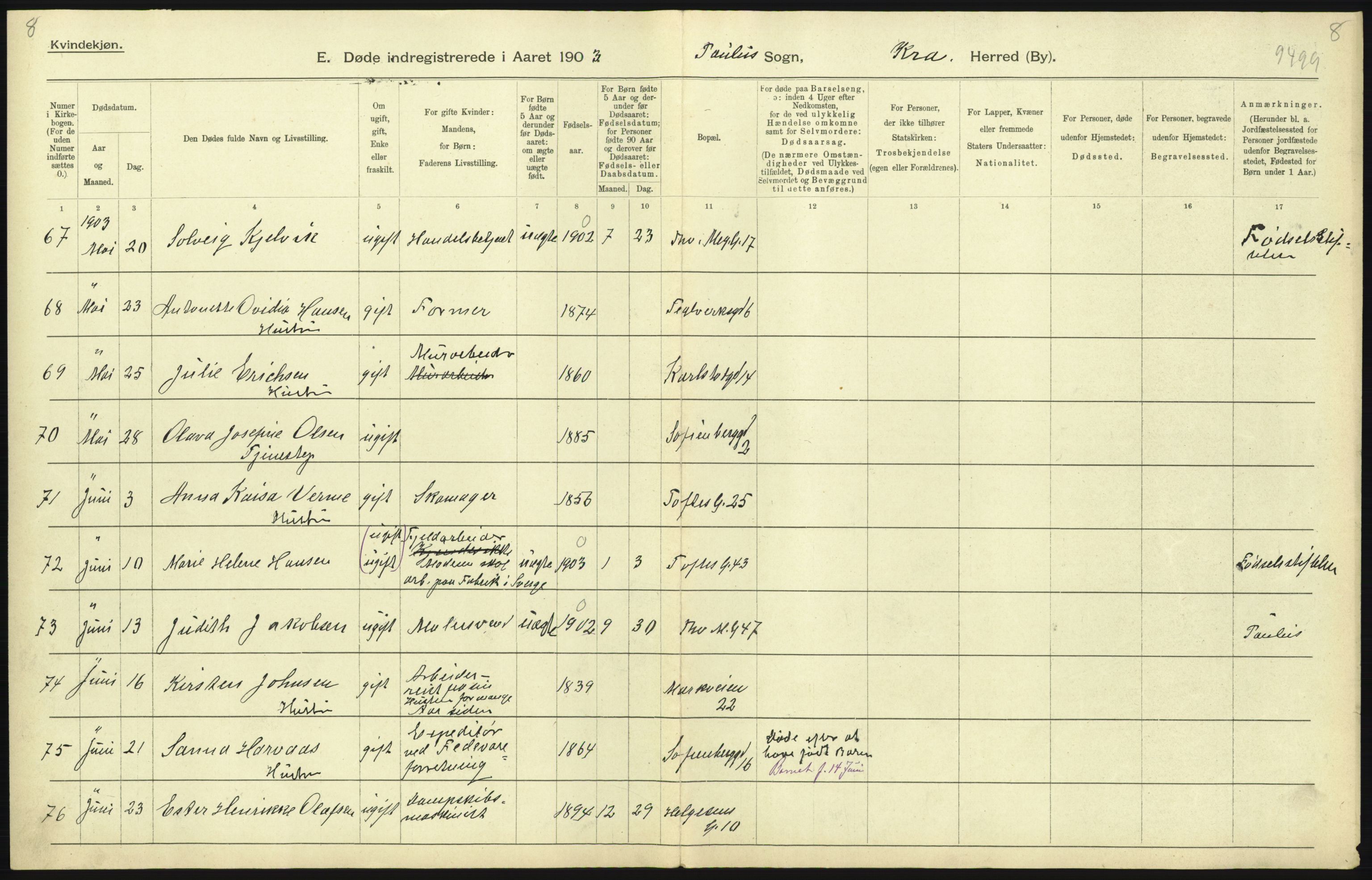 Statistisk sentralbyrå, Sosiodemografiske emner, Befolkning, AV/RA-S-2228/D/Df/Dfa/Dfaa/L0004: Kristiania: Gifte, døde, 1903, p. 313