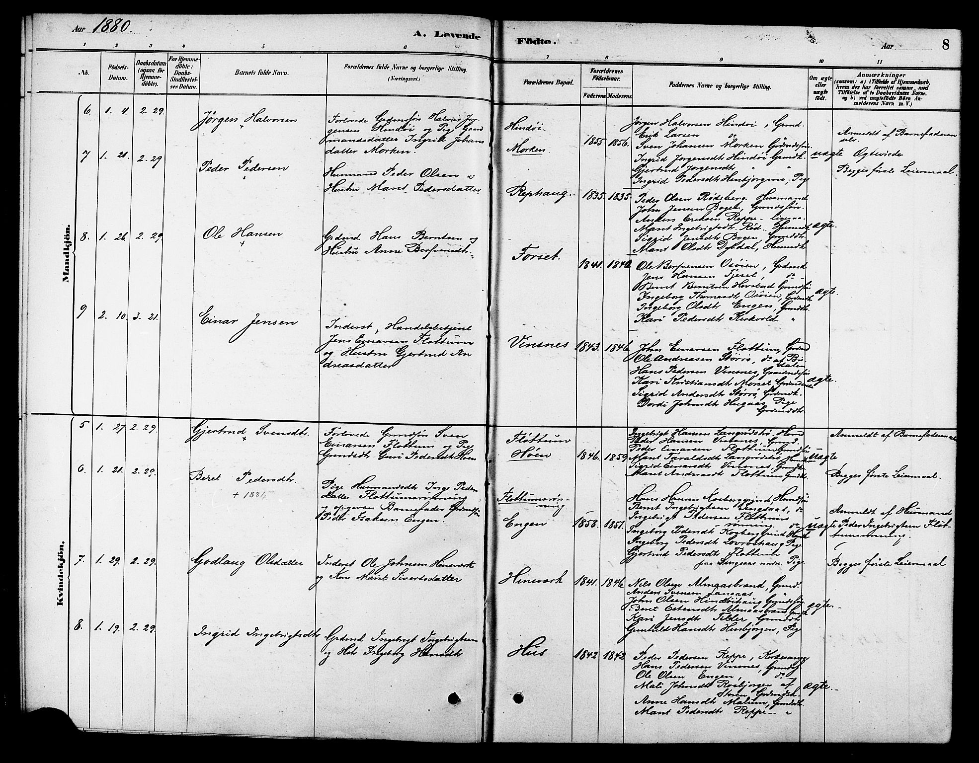 Ministerialprotokoller, klokkerbøker og fødselsregistre - Sør-Trøndelag, AV/SAT-A-1456/688/L1024: Parish register (official) no. 688A01, 1879-1890, p. 8