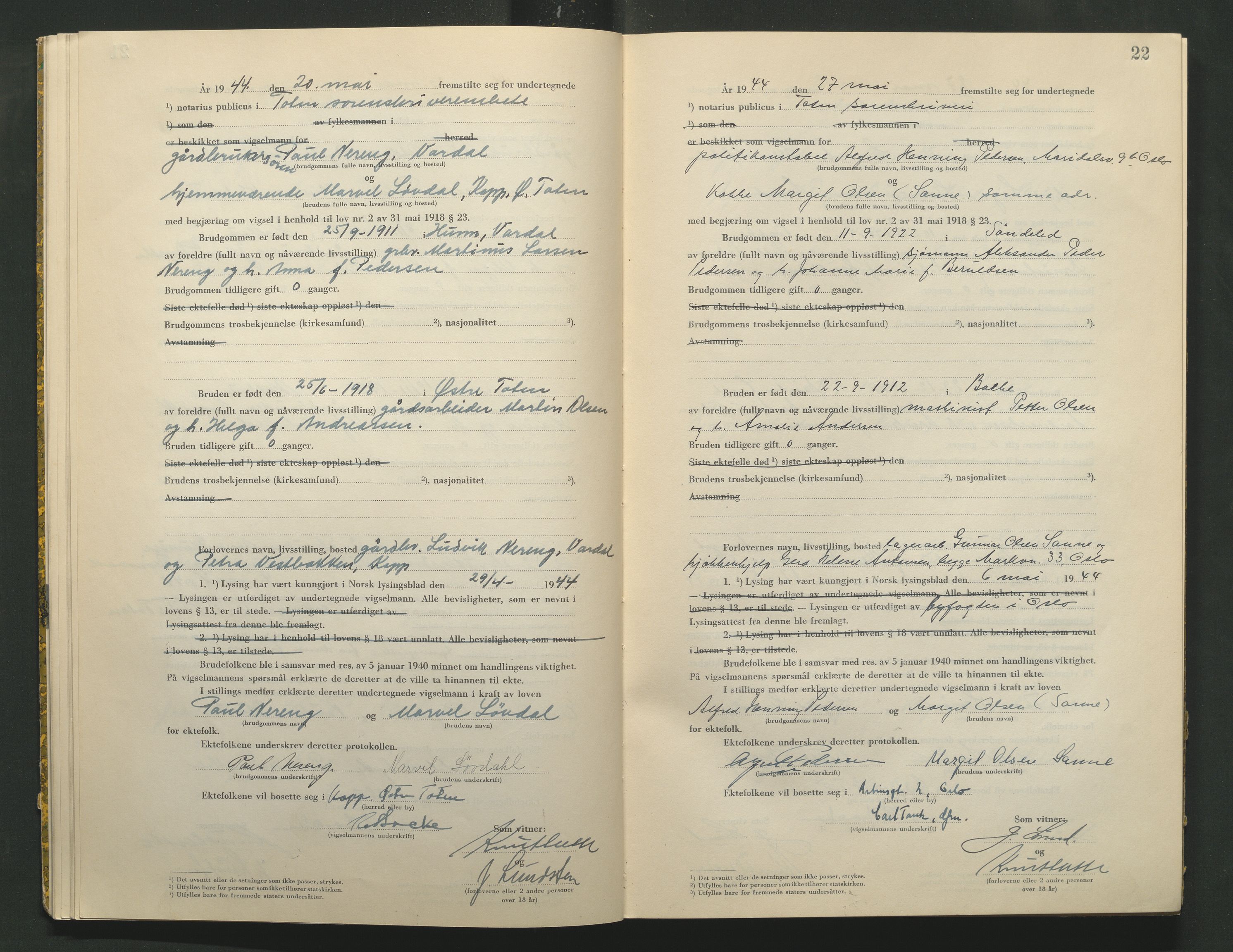 Toten tingrett, AV/SAH-TING-006/L/Lc/L0004: Vigselbok, 1944, p. 22
