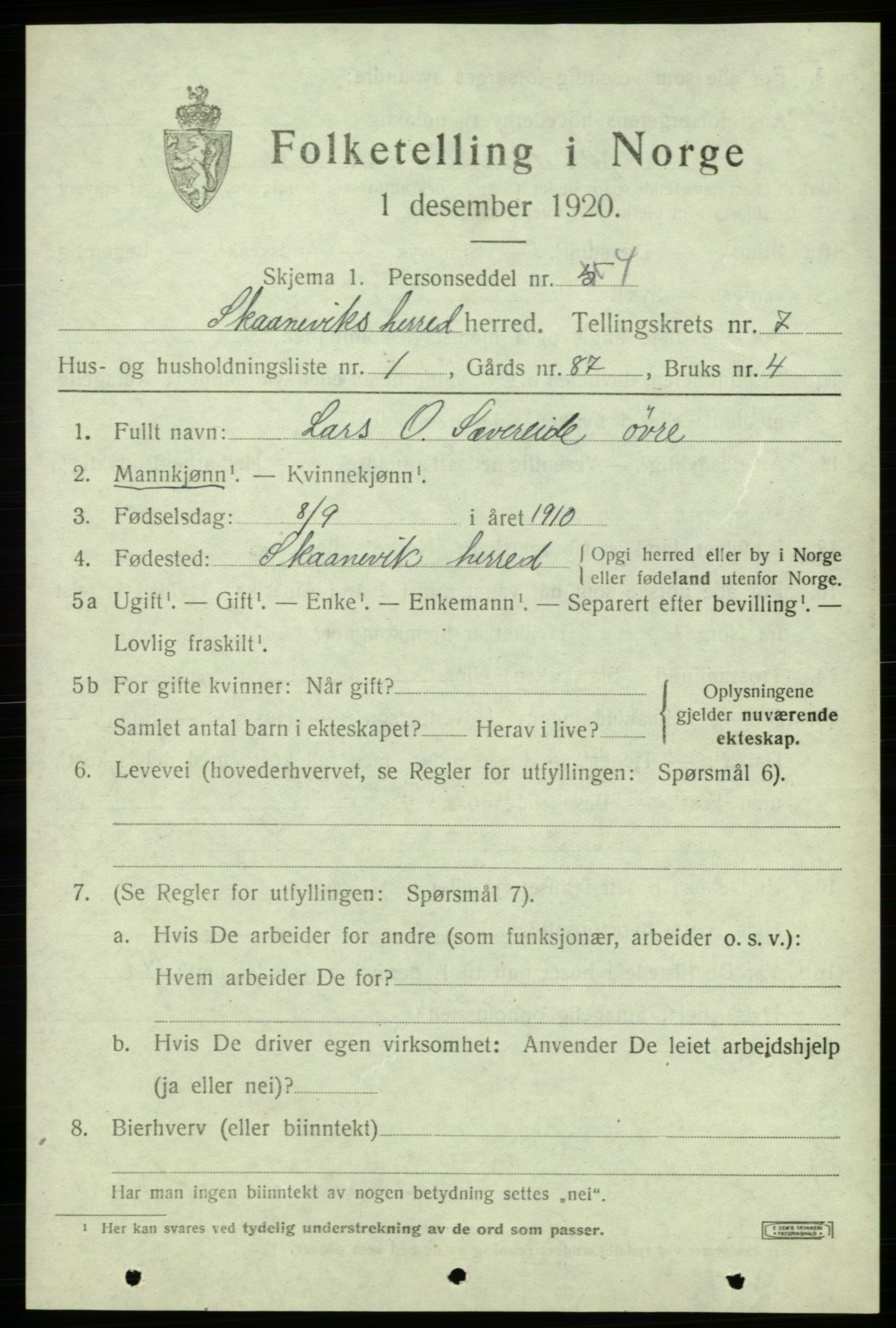 SAB, 1920 census for Skånevik, 1920, p. 4363