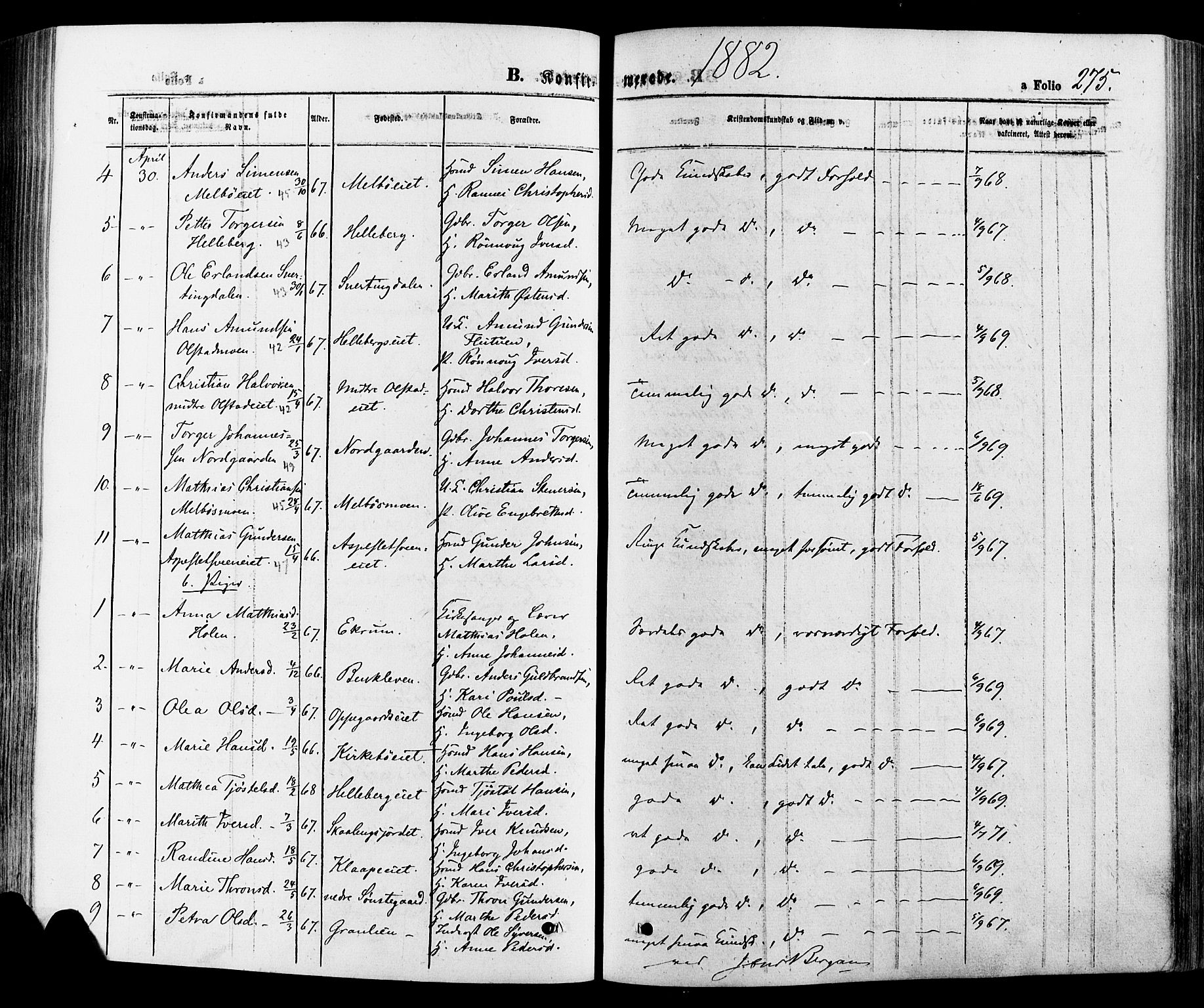 Gausdal prestekontor, SAH/PREST-090/H/Ha/Haa/L0010: Parish register (official) no. 10, 1867-1886, p. 275