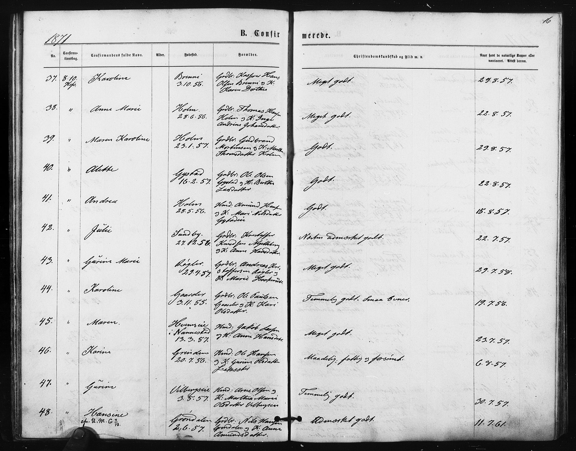 Ullensaker prestekontor Kirkebøker, AV/SAO-A-10236a/F/Fa/L0017: Parish register (official) no. I 17, 1871-1875, p. 16