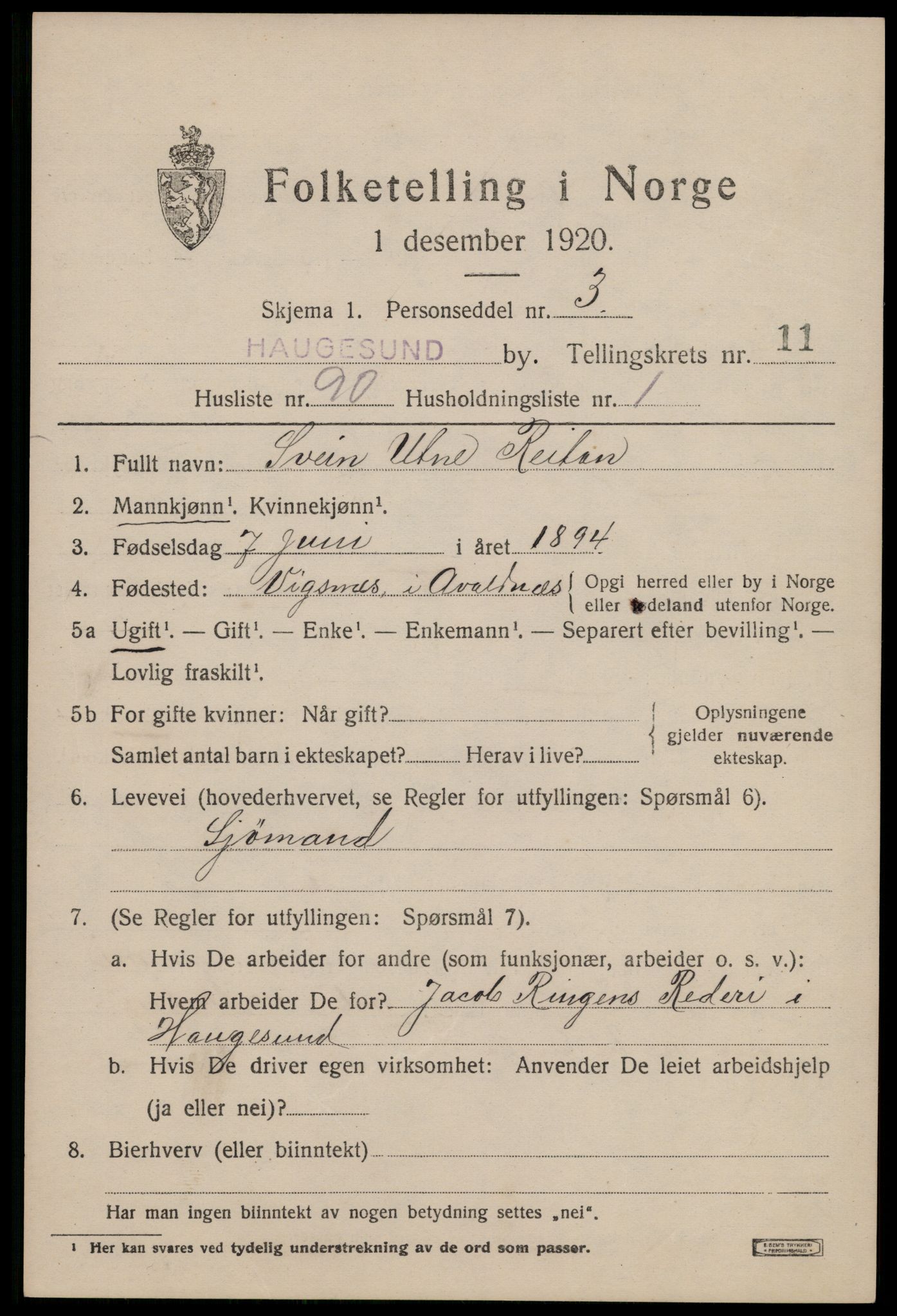 SAST, 1920 census for Haugesund, 1920, p. 37789