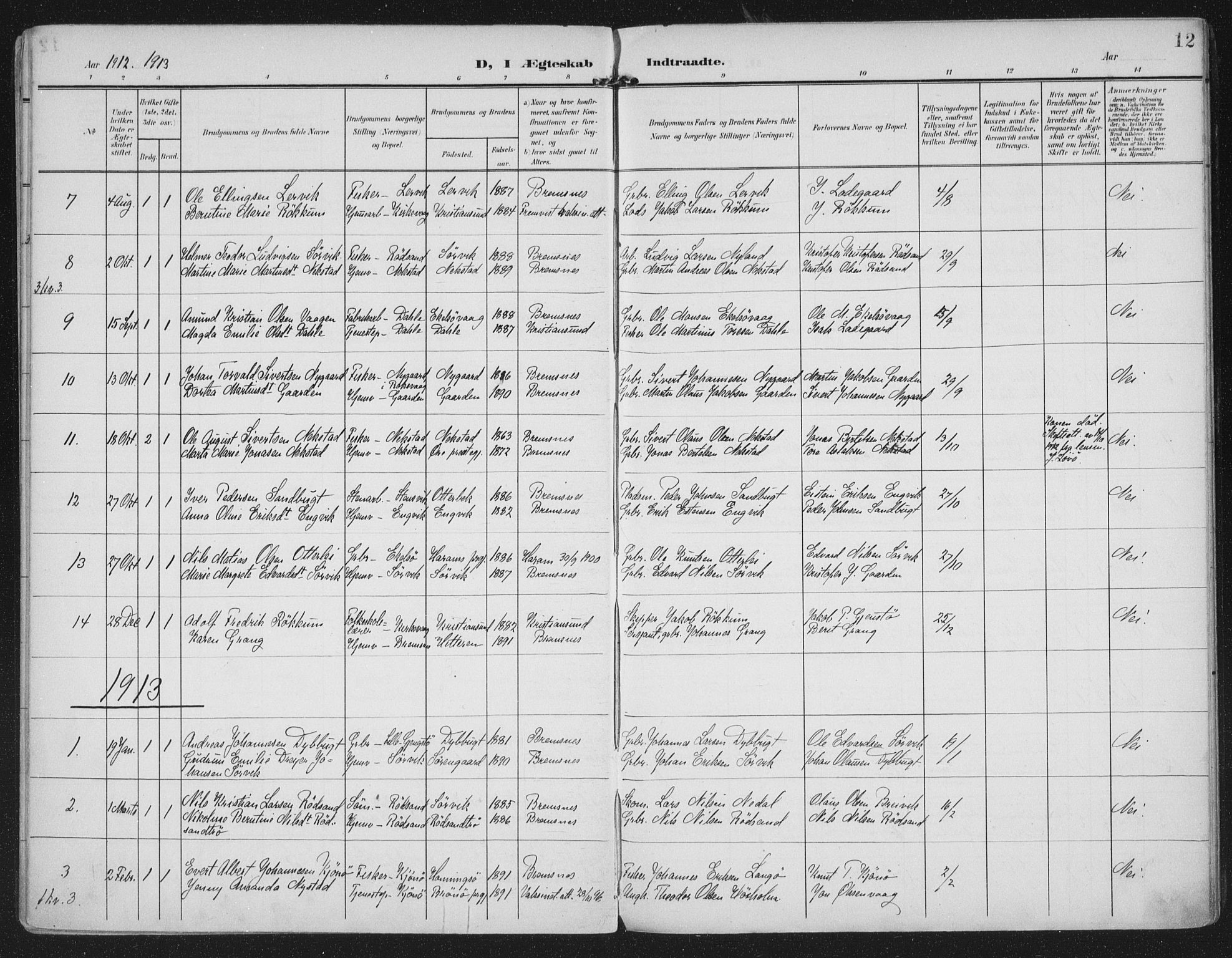 Ministerialprotokoller, klokkerbøker og fødselsregistre - Møre og Romsdal, AV/SAT-A-1454/569/L0822: Parish register (official) no. 569A08, 1908-1919, p. 12