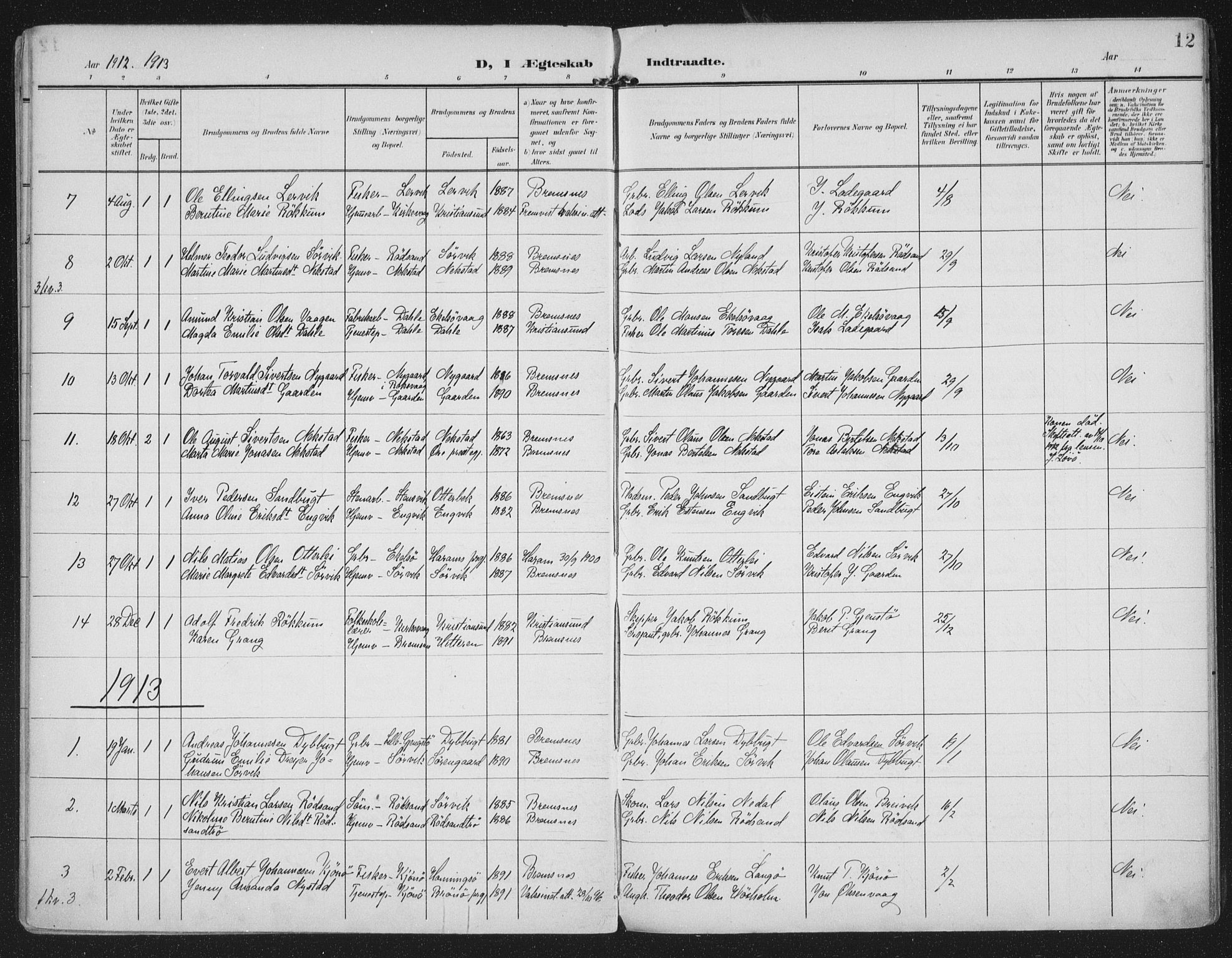 Ministerialprotokoller, klokkerbøker og fødselsregistre - Møre og Romsdal, AV/SAT-A-1454/569/L0822: Parish register (official) no. 569A08, 1908-1919, p. 12