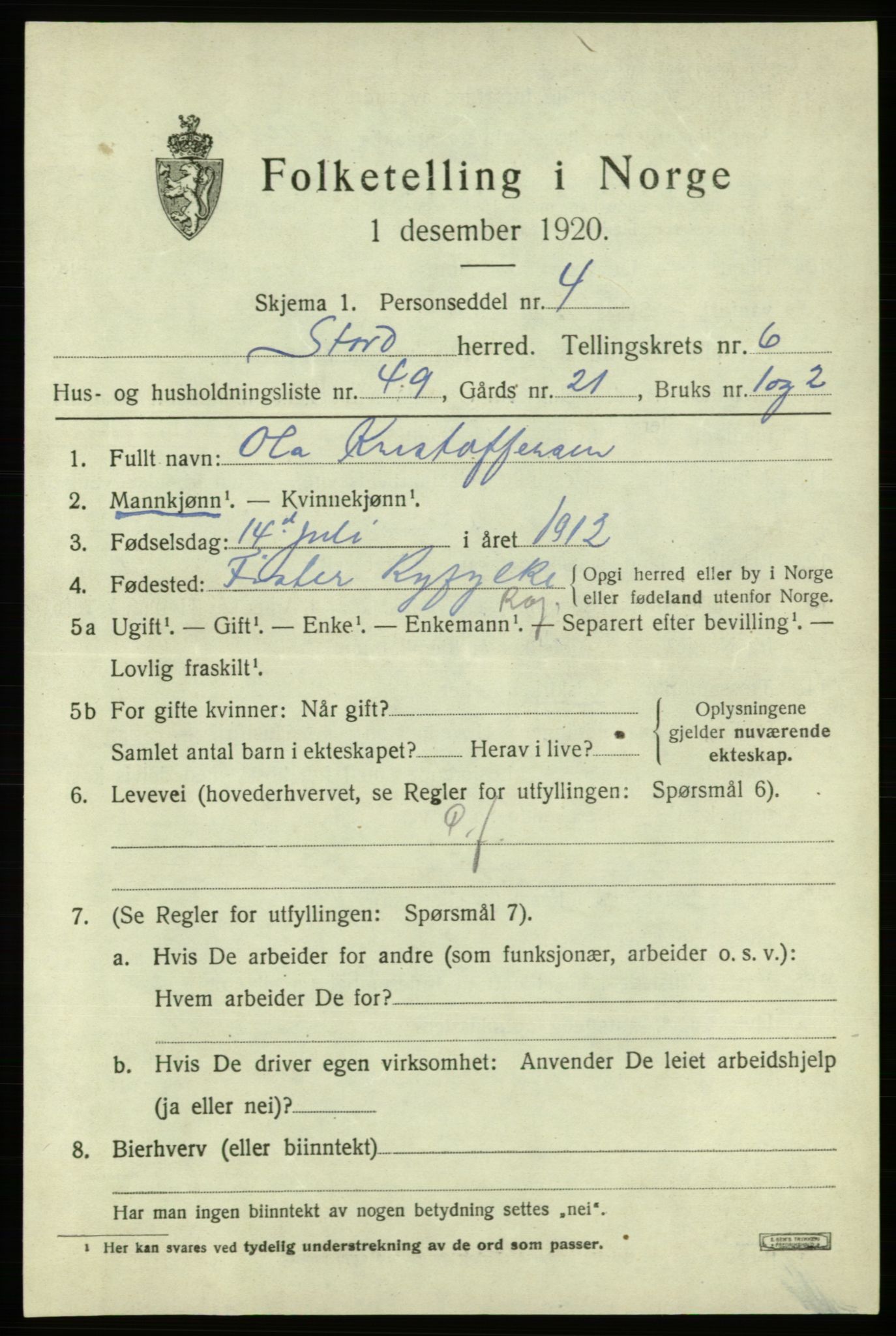 SAB, 1920 census for Stord, 1920, p. 3077