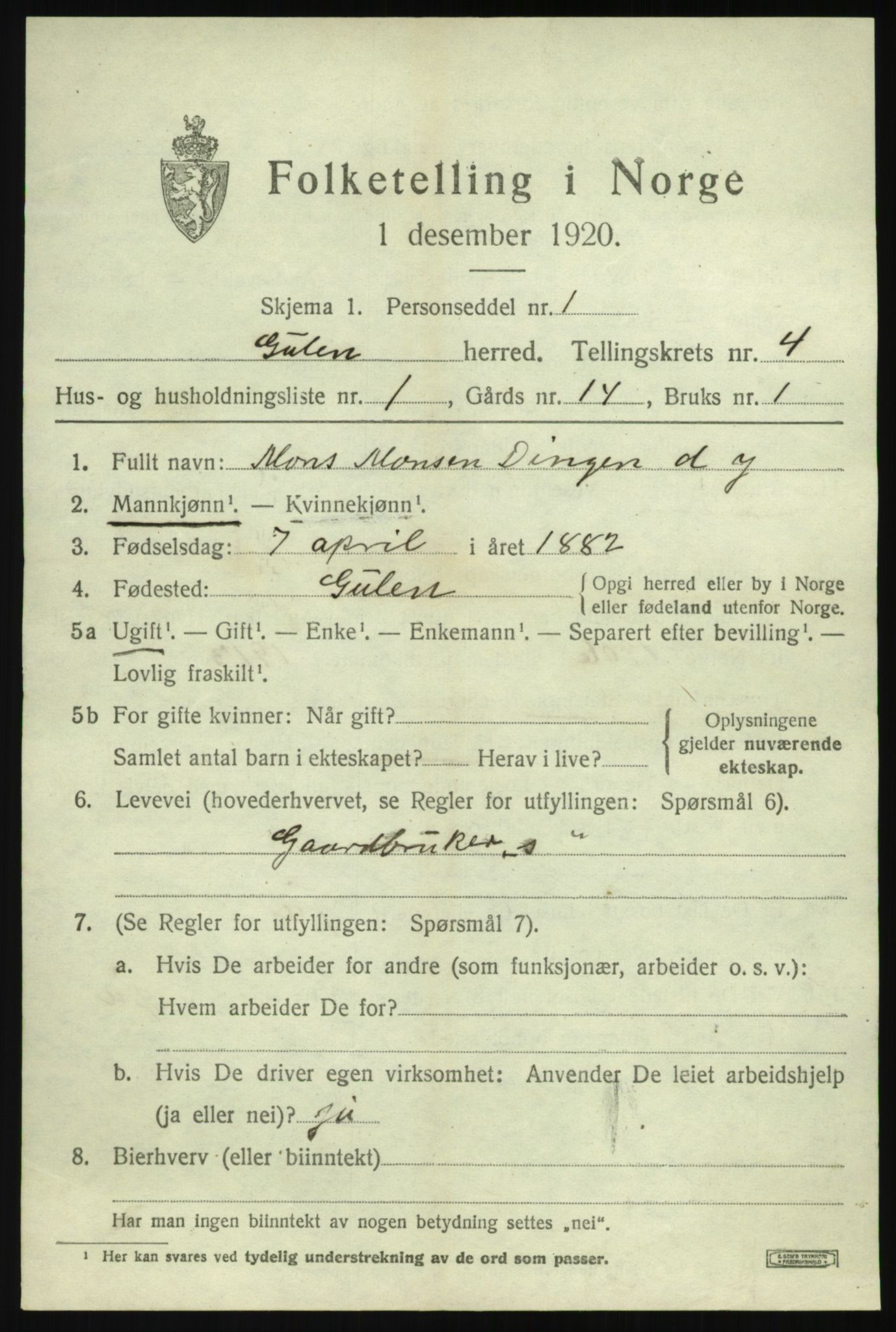 SAB, 1920 census for Gulen, 1920, p. 1711