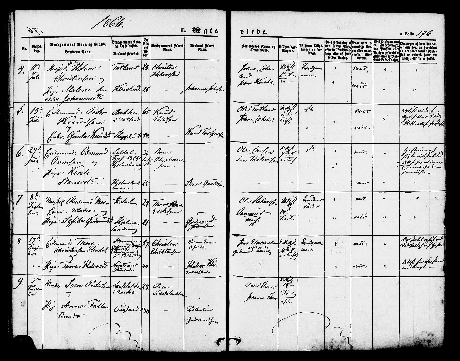 Hjelmeland sokneprestkontor, AV/SAST-A-101843/01/IV/L0011: Parish register (official) no. A 11, 1861-1878, p. 176