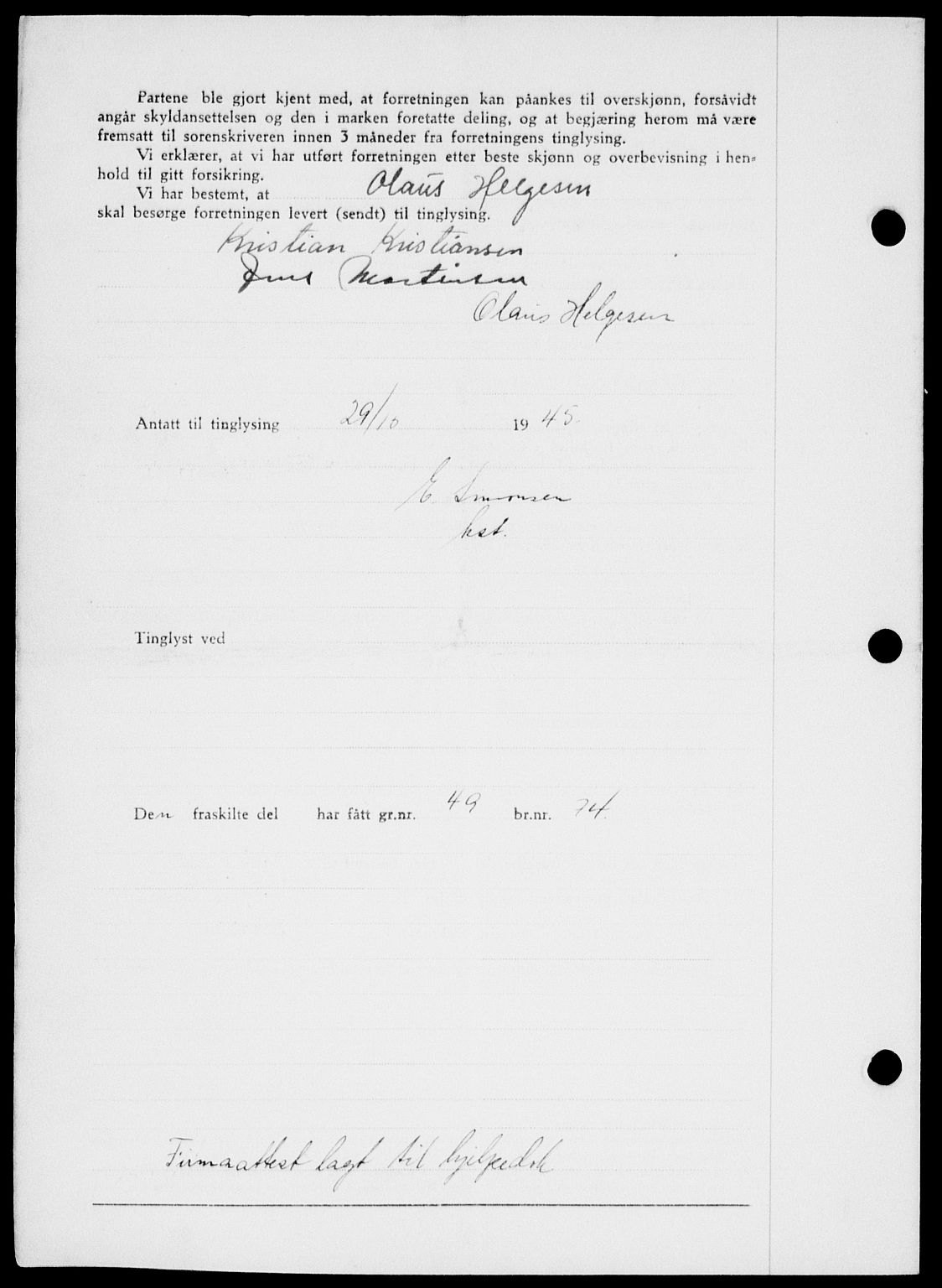 Onsøy sorenskriveri, SAO/A-10474/G/Ga/Gab/L0015: Mortgage book no. II A-15, 1945-1946, Diary no: : 1452/1945