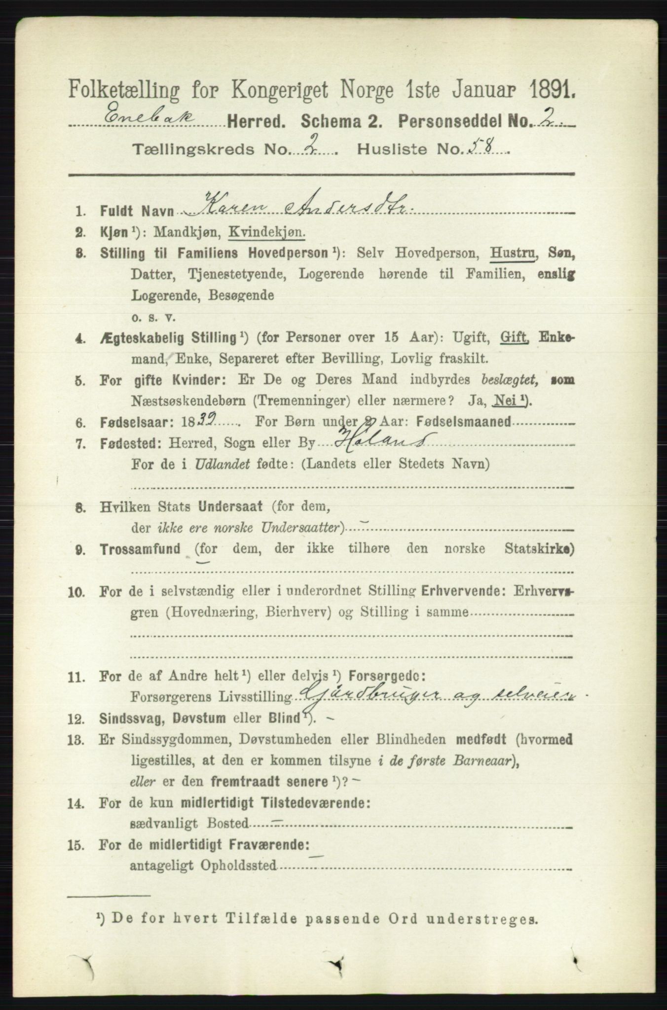 RA, 1891 census for 0229 Enebakk, 1891, p. 1063