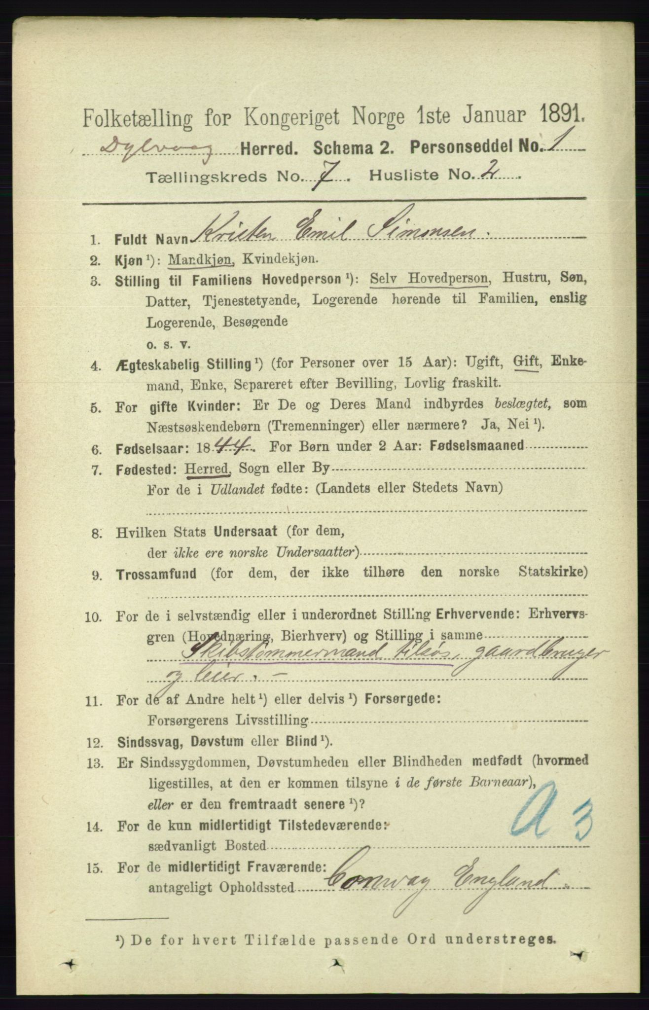 RA, 1891 census for 0915 Dypvåg, 1891, p. 2414