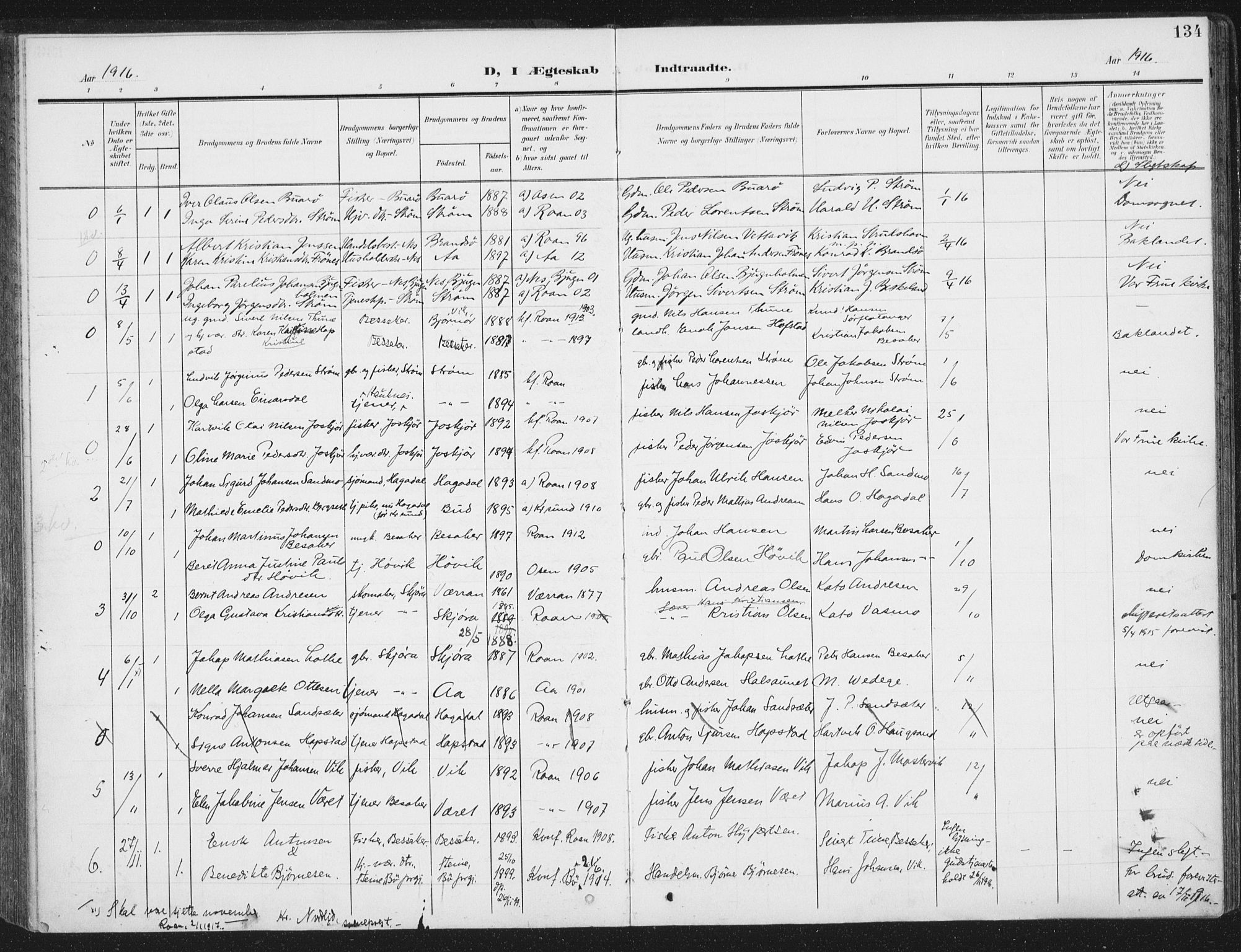 Ministerialprotokoller, klokkerbøker og fødselsregistre - Sør-Trøndelag, SAT/A-1456/657/L0709: Parish register (official) no. 657A10, 1905-1919, p. 134