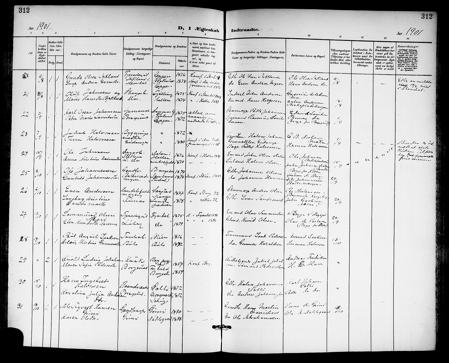 Gjerpen kirkebøker, SAKO/A-265/G/Ga/L0003: Parish register (copy) no. I 3, 1901-1919, p. 312
