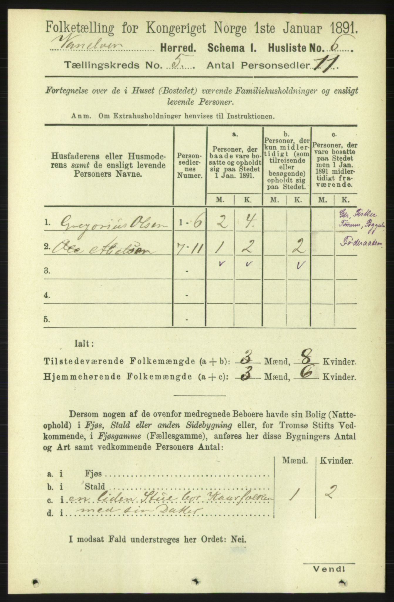 RA, 1891 census for 1511 Vanylven, 1891, p. 2104