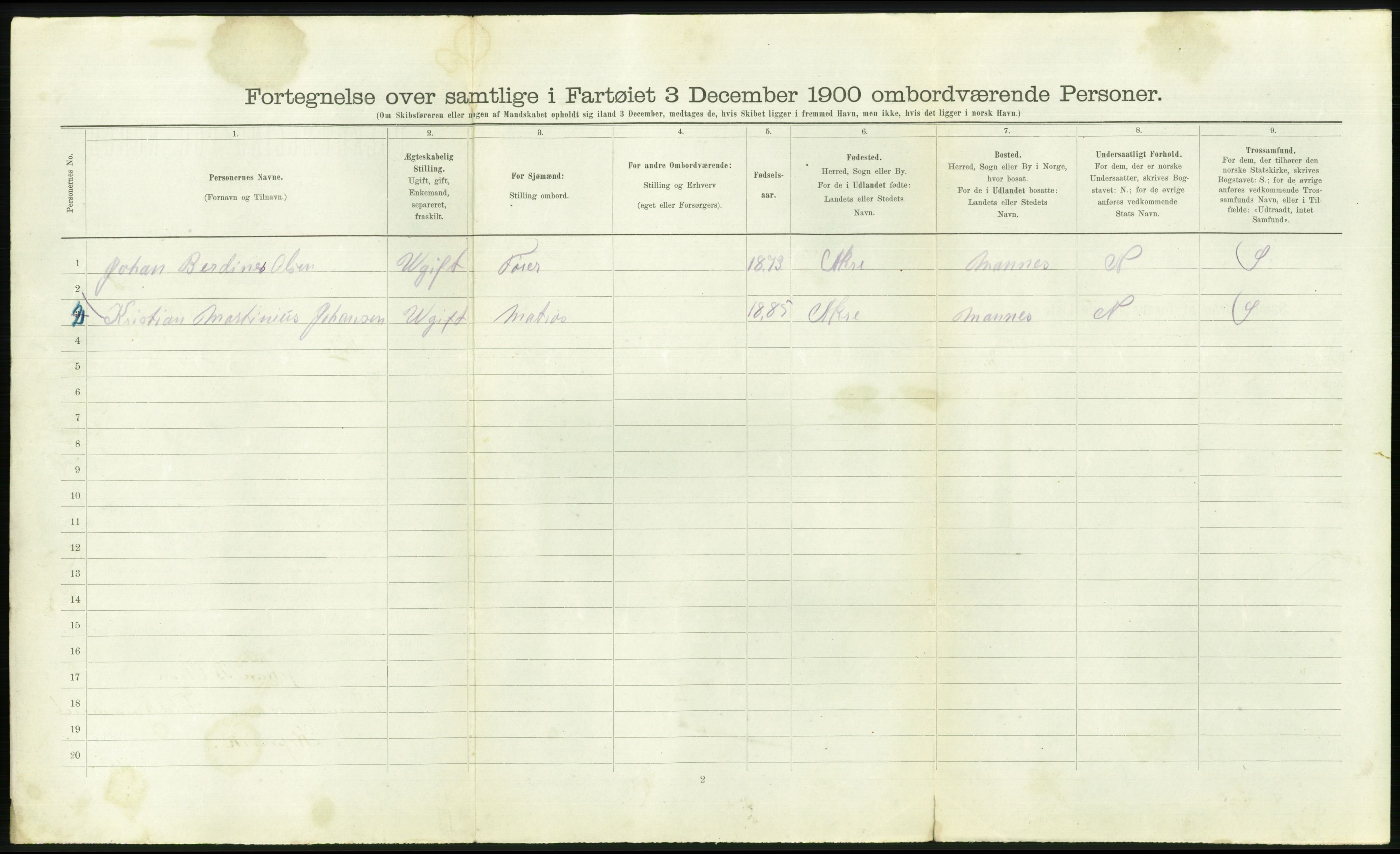 RA, 1900 Census - ship lists from ships in Norwegian harbours, harbours abroad and at sea, 1900, p. 1080