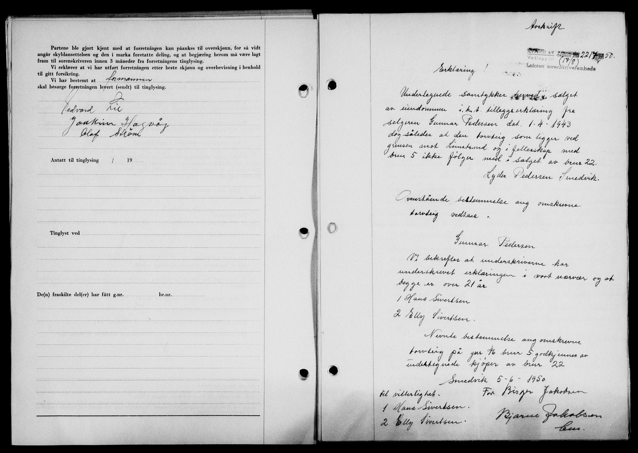Lofoten sorenskriveri, SAT/A-0017/1/2/2C/L0024a: Mortgage book no. 24a, 1950-1950, Diary no: : 2217/1950