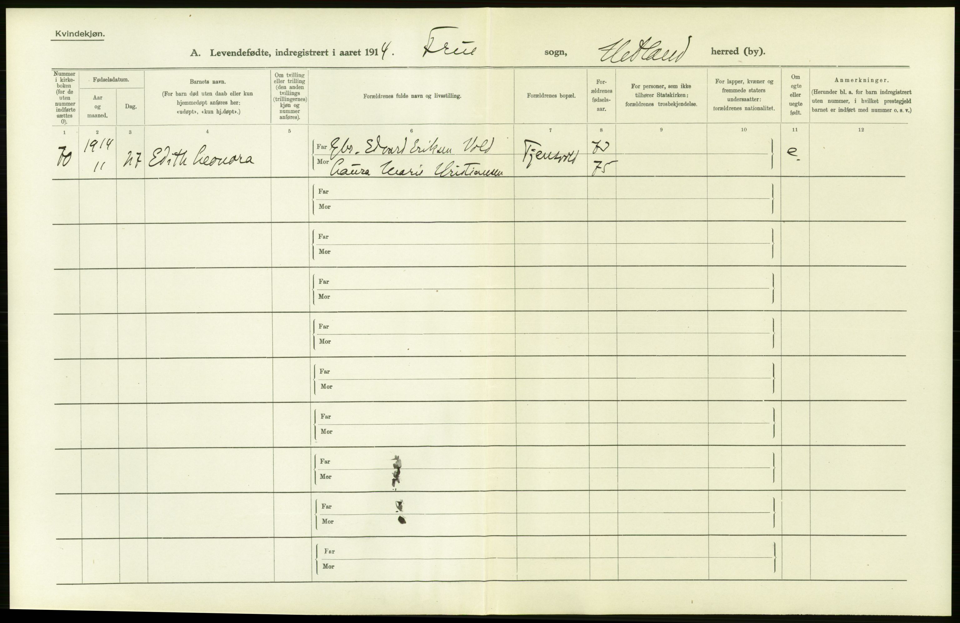 Statistisk sentralbyrå, Sosiodemografiske emner, Befolkning, AV/RA-S-2228/D/Df/Dfb/Dfbd/L0024: Stavanger amt: Levendefødte menn og kvinner. Bygder., 1914, p. 6