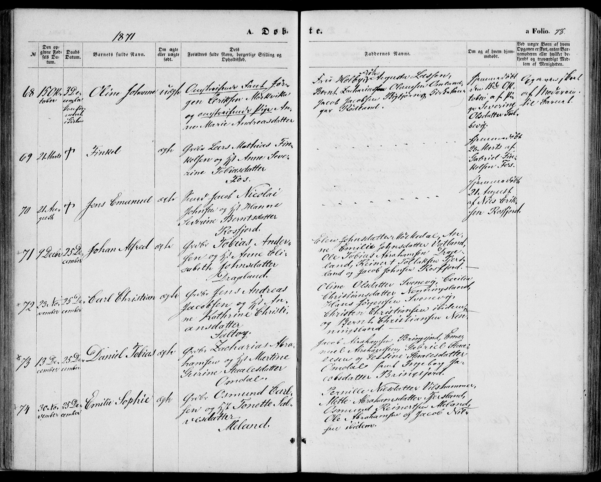 Lyngdal sokneprestkontor, SAK/1111-0029/F/Fa/Fac/L0010: Parish register (official) no. A 10, 1865-1878, p. 78