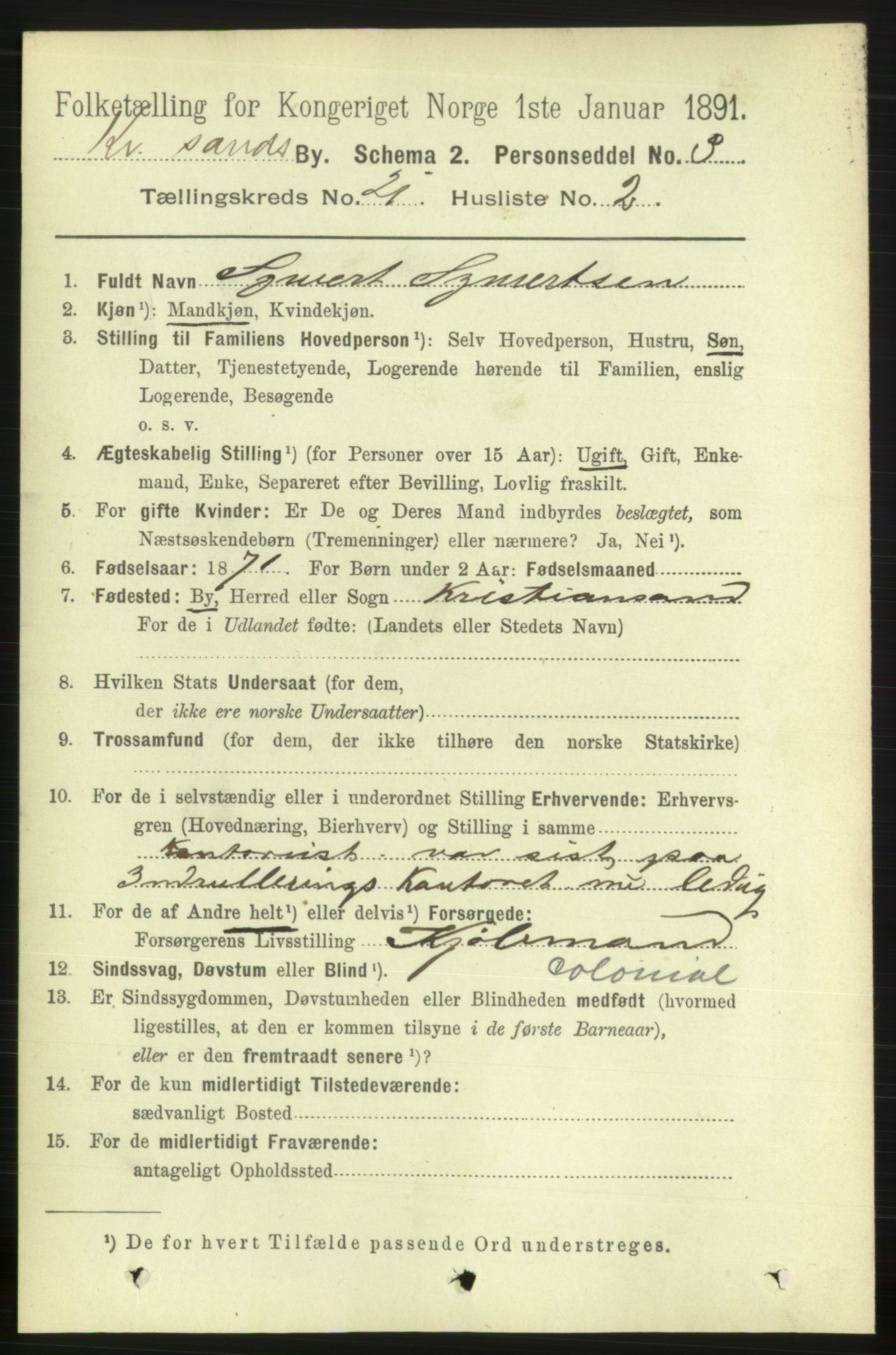 RA, 1891 census for 1001 Kristiansand, 1891, p. 7862