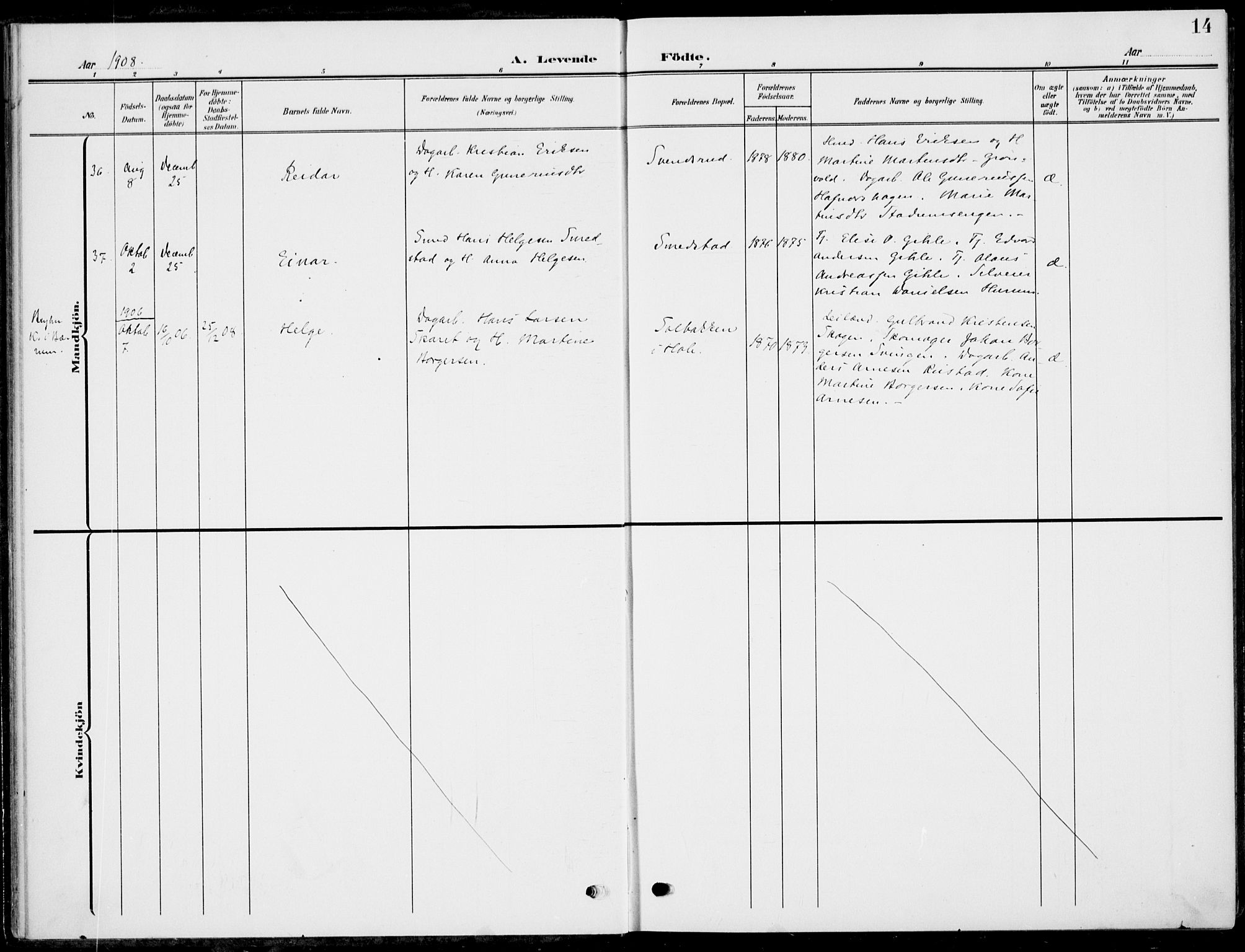 Hole kirkebøker, AV/SAKO-A-228/F/Fa/L0010: Parish register (official) no. I 10, 1907-1917, p. 14