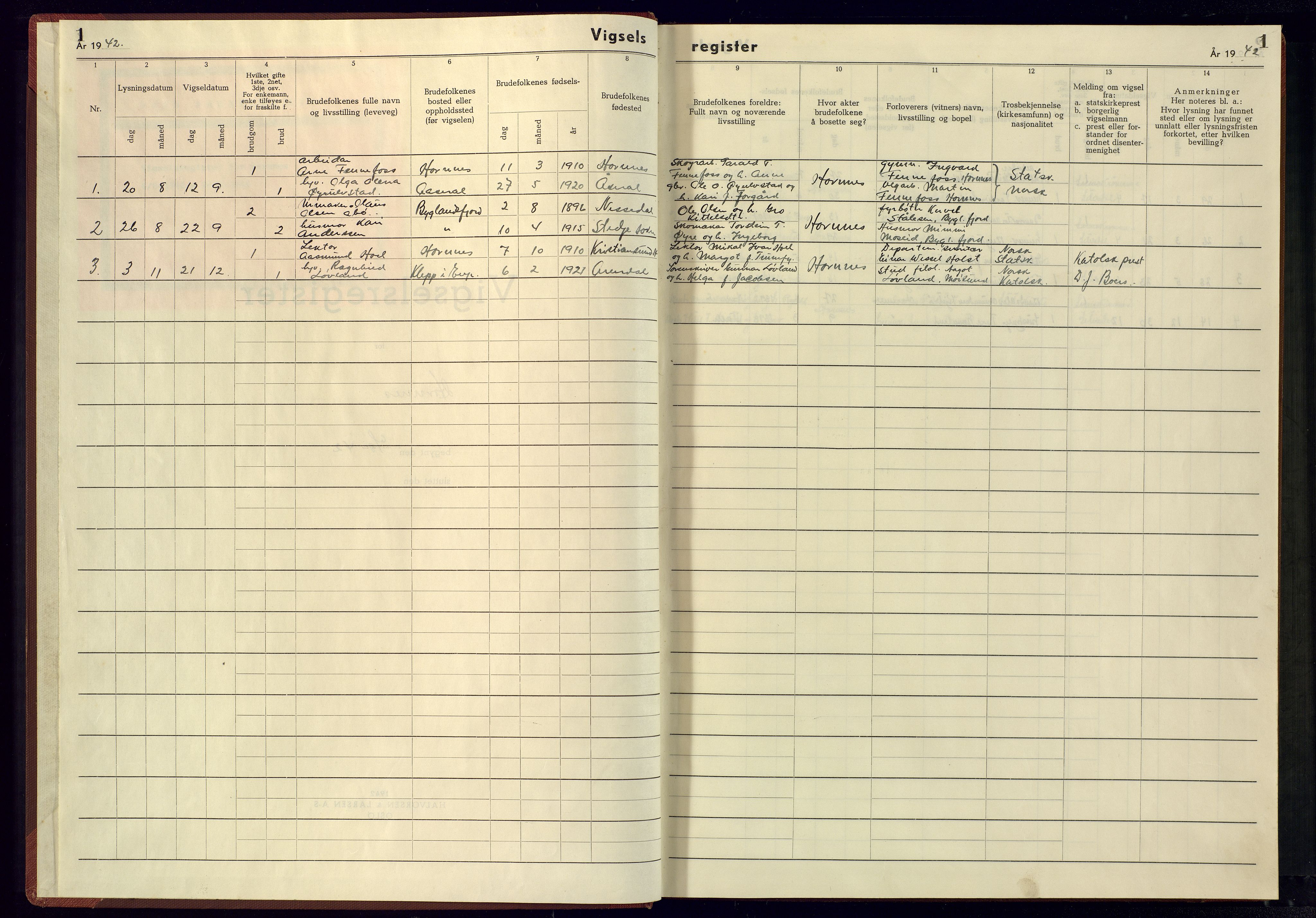 Evje sokneprestkontor, SAK/1111-0008/J/Je/L0005: Marriage register no. II.6.5, 1942-1945, p. 1