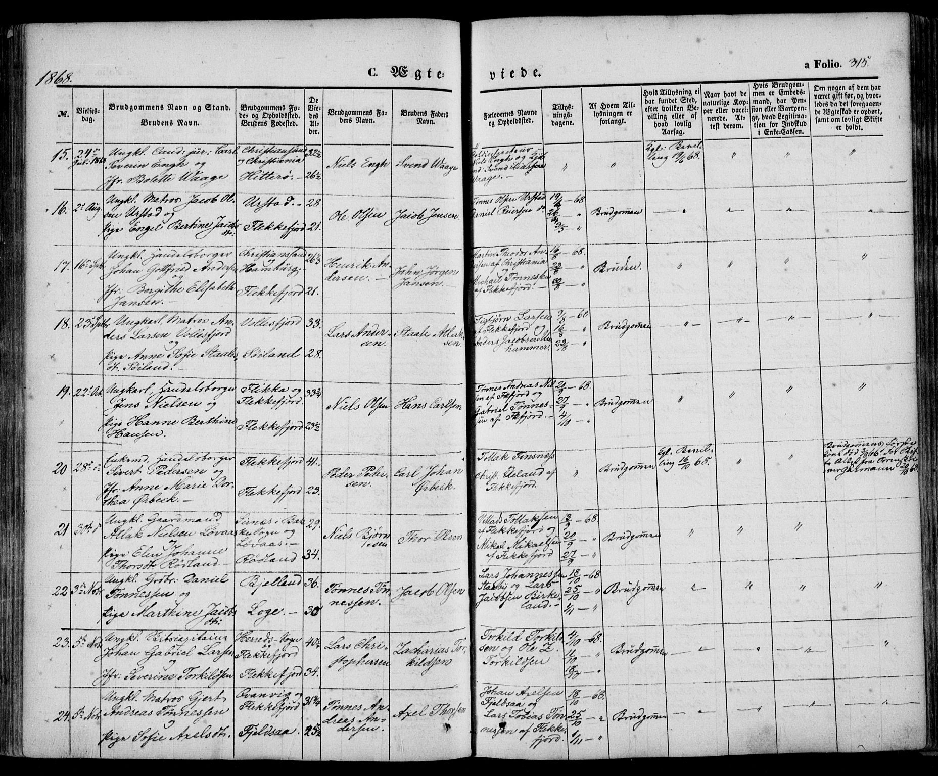 Flekkefjord sokneprestkontor, AV/SAK-1111-0012/F/Fa/Fac/L0005: Parish register (official) no. A 5, 1849-1875, p. 315