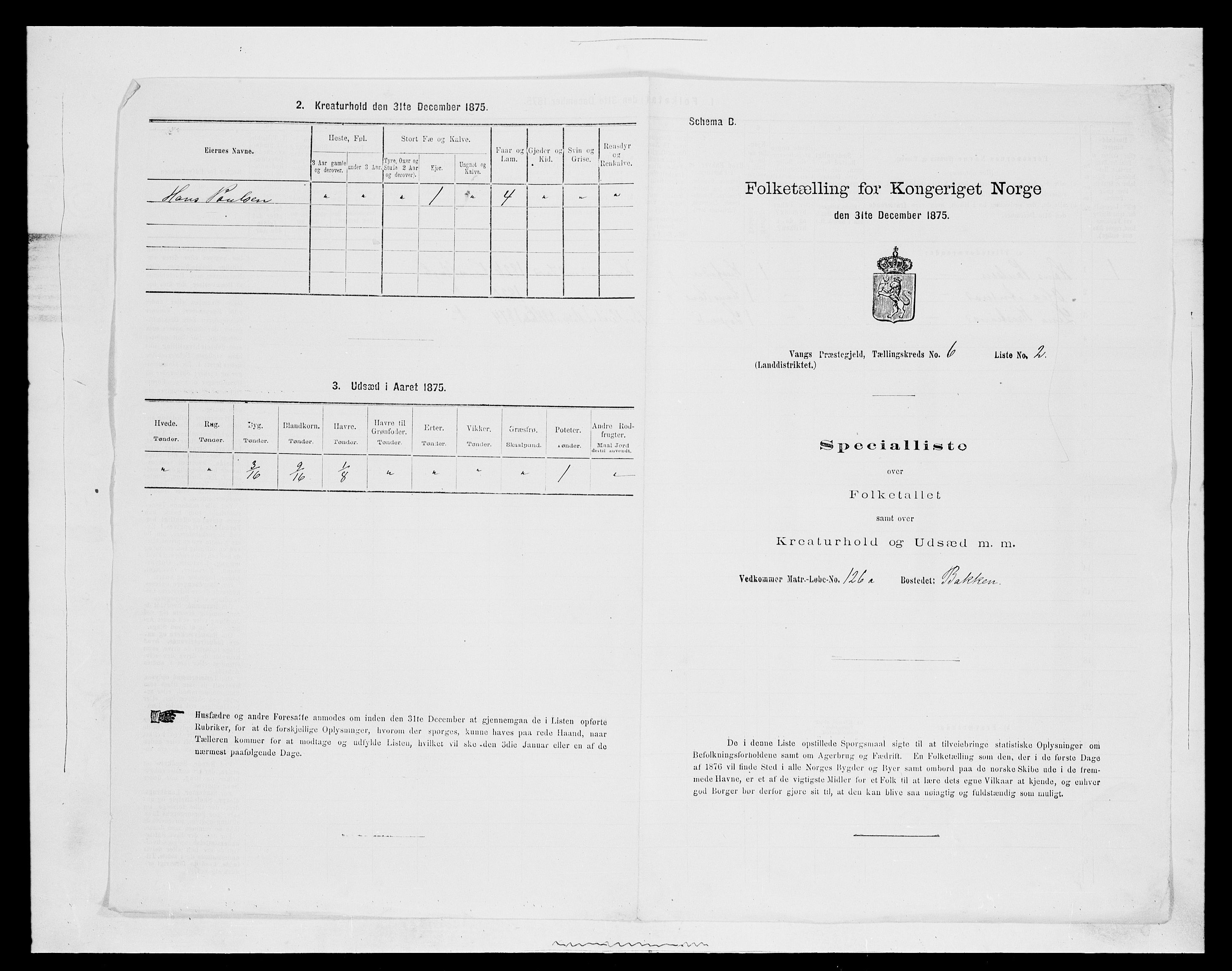 SAH, 1875 census for 0414L Vang/Vang og Furnes, 1875, p. 1279