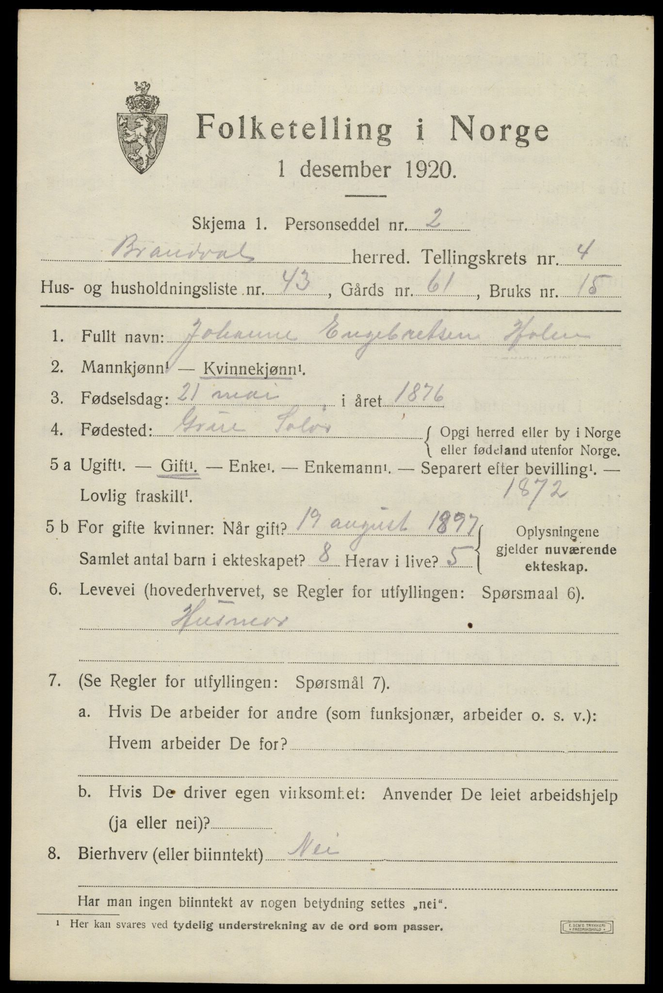 SAH, 1920 census for Brandval, 1920, p. 4258