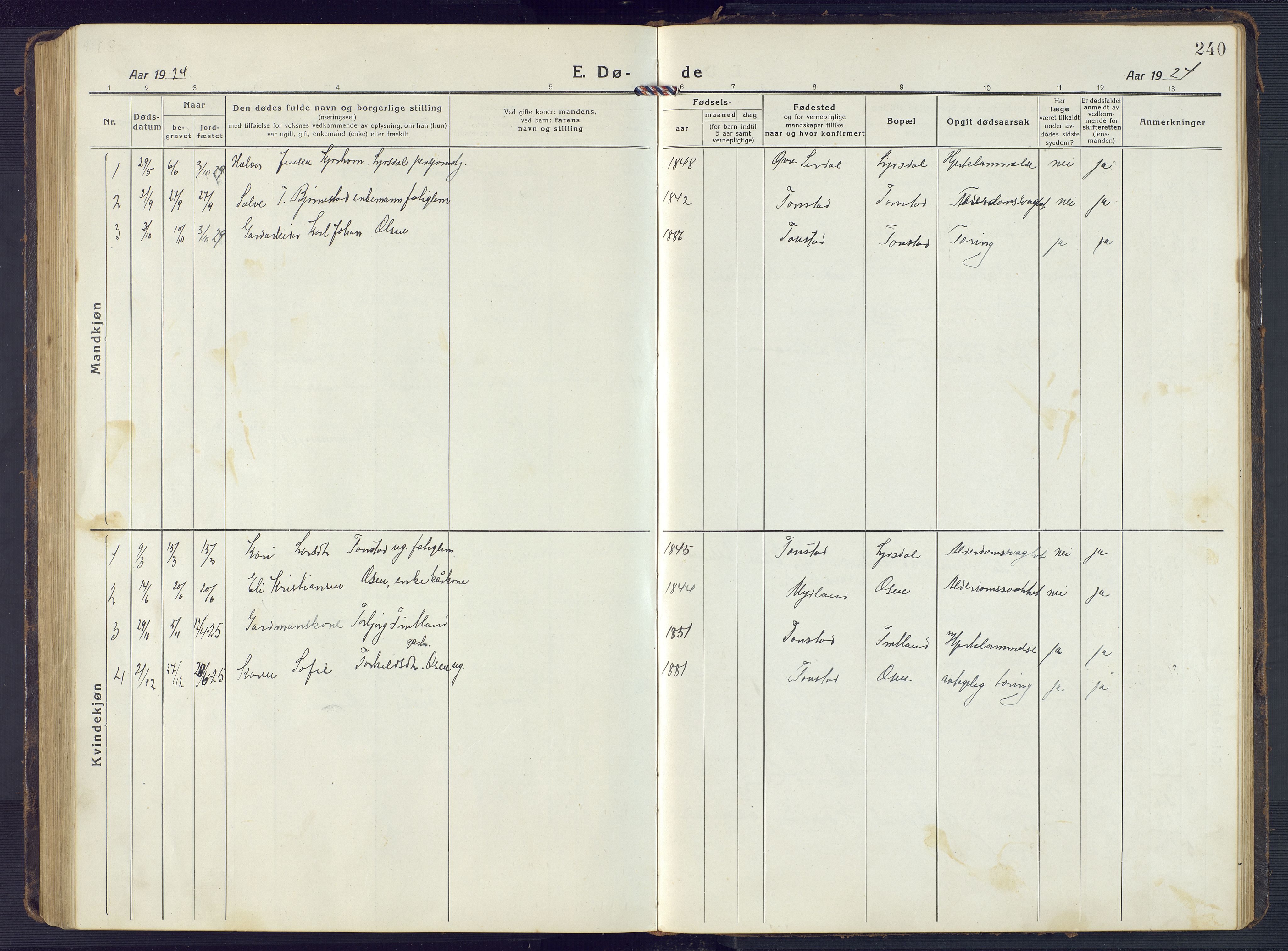 Sirdal sokneprestkontor, SAK/1111-0036/F/Fb/Fbb/L0005: Parish register (copy) no. B 5, 1916-1960, p. 240