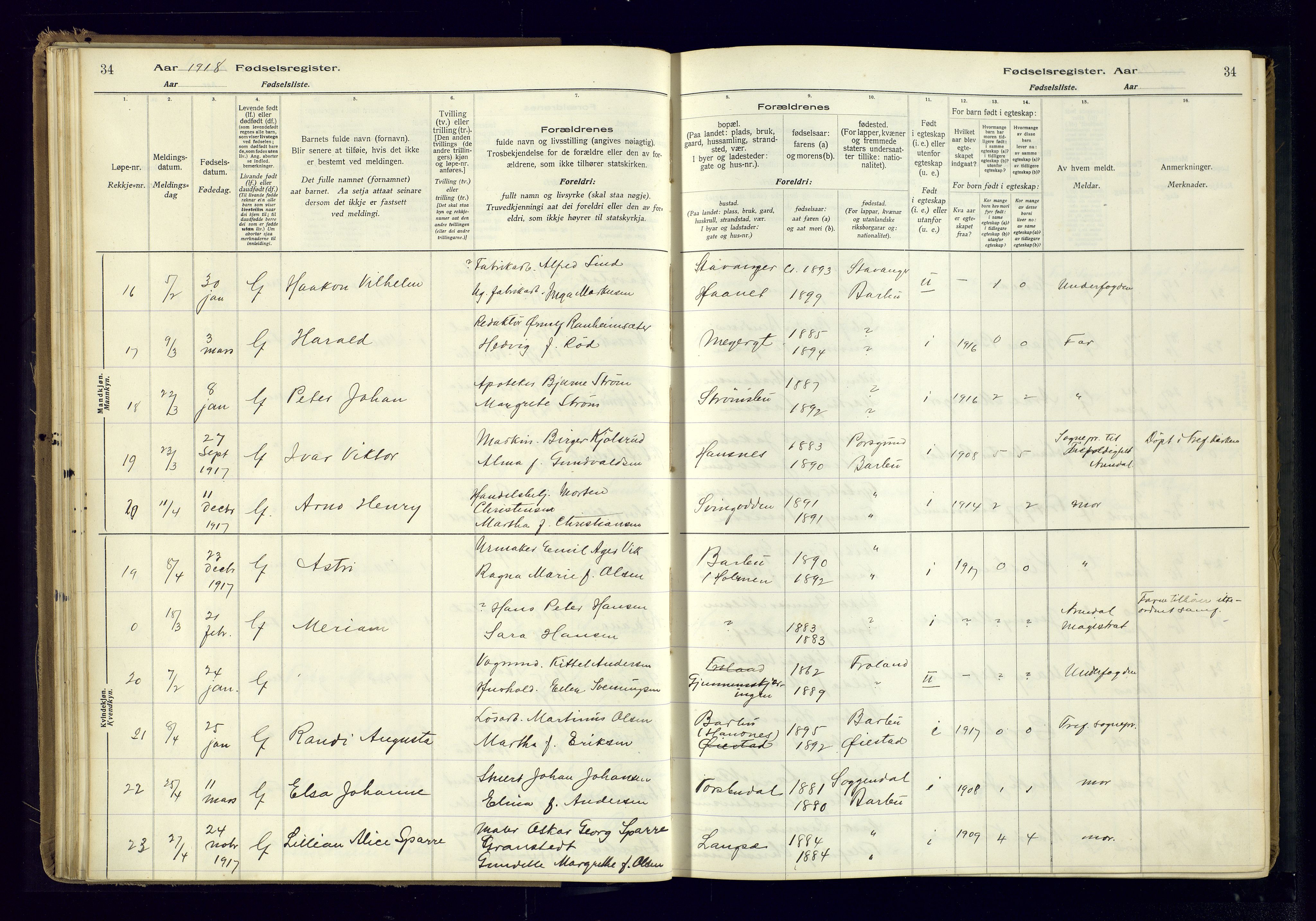 Barbu sokneprestkontor, AV/SAK-1111-0003/J/Ja/L0001: Birth register no. A-VIII-1, 1916-1937, p. 34