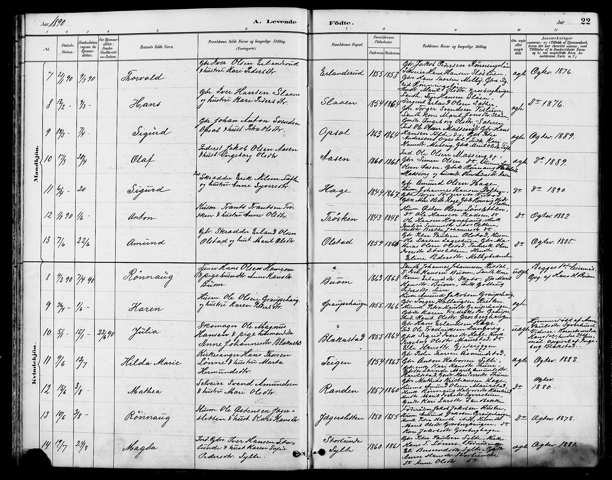 Nord-Fron prestekontor, SAH/PREST-080/H/Ha/Hab/L0005: Parish register (copy) no. 5, 1884-1914, p. 22