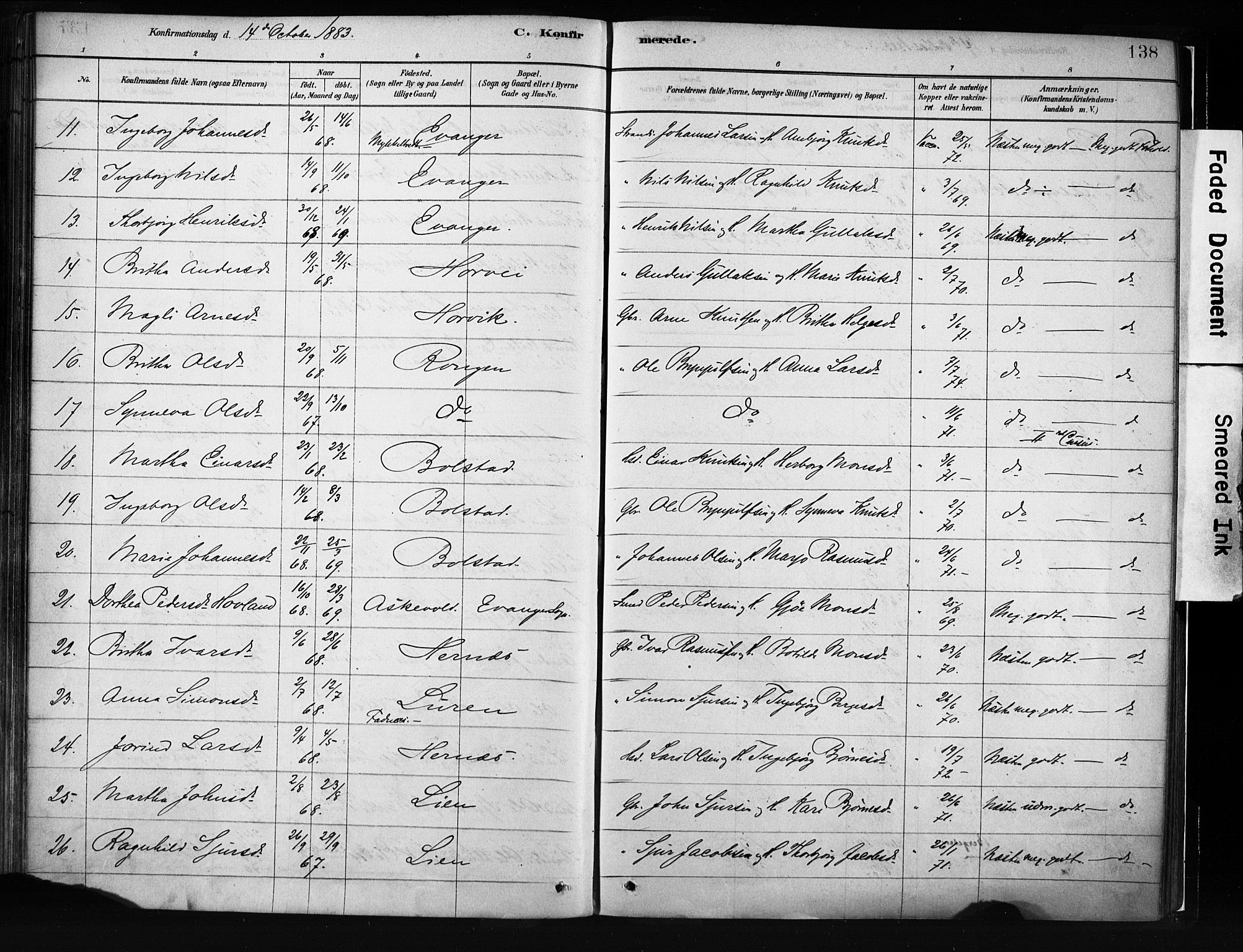 Evanger sokneprestembete, SAB/A-99924: Parish register (official) no. A 1, 1877-1899, p. 138