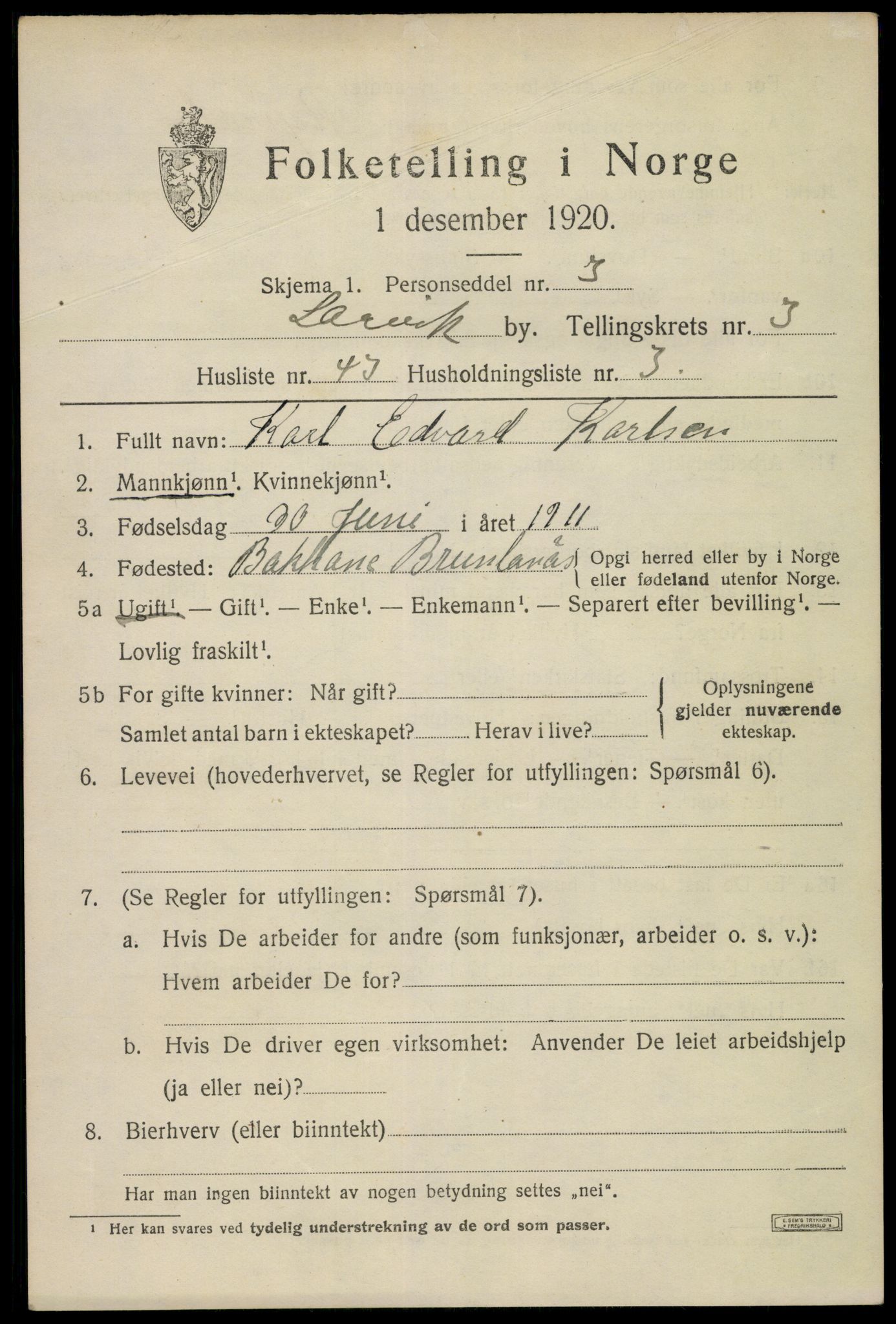 SAKO, 1920 census for Larvik, 1920, p. 13022